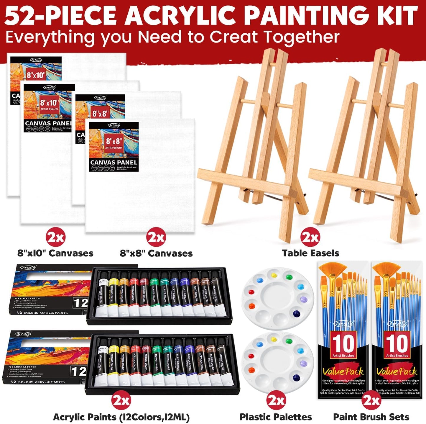 Set of 2 Acrylic Painting Kits for Adults and Couples, Sip and Paint Kit for Date Night, Acrylic Painting Kit with Canvas Boards and Easels, Professional Art Set for Couples, Families, Beginners