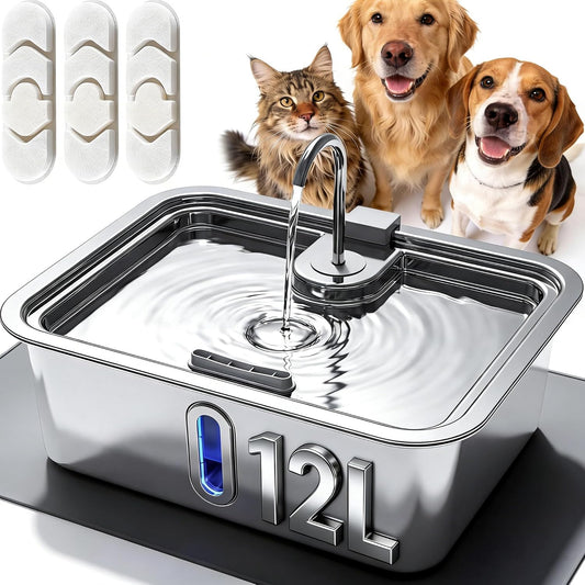 Automatic Water Dispenser for Dogs and Cats, 12L/3.17Gal Large Capacity, Includes Pet Feeding Mat & 3 Filters, Stainless Steel Dog Water Fountain with Visible Window and Alert Light
