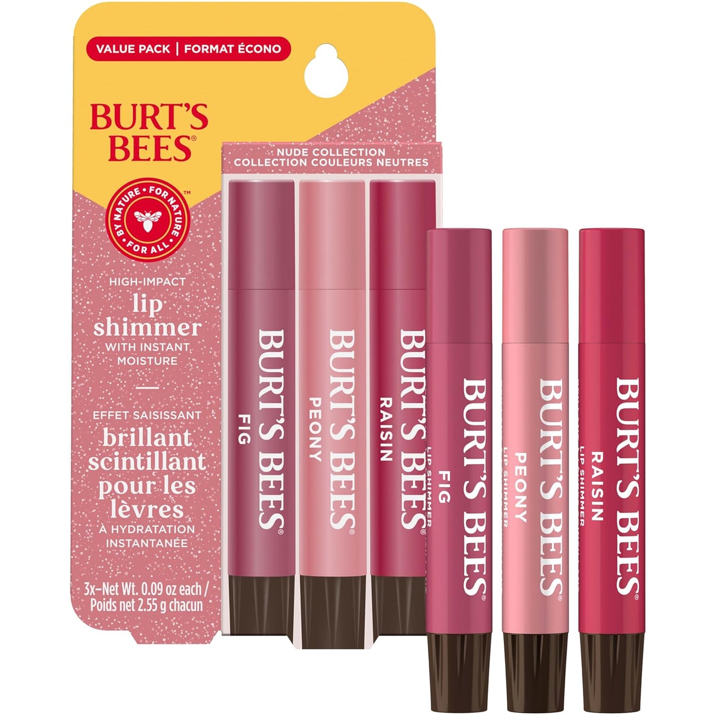 Burt's Bees Easter Basket Stuffers, Lip Shimmer Nude Collection, Tinted Lip Balm, Moisturizing for All Day Hydration with Natural Glowy Finish & Buildable Color, Value Pack, 3 Tubes x 0.09 Oz