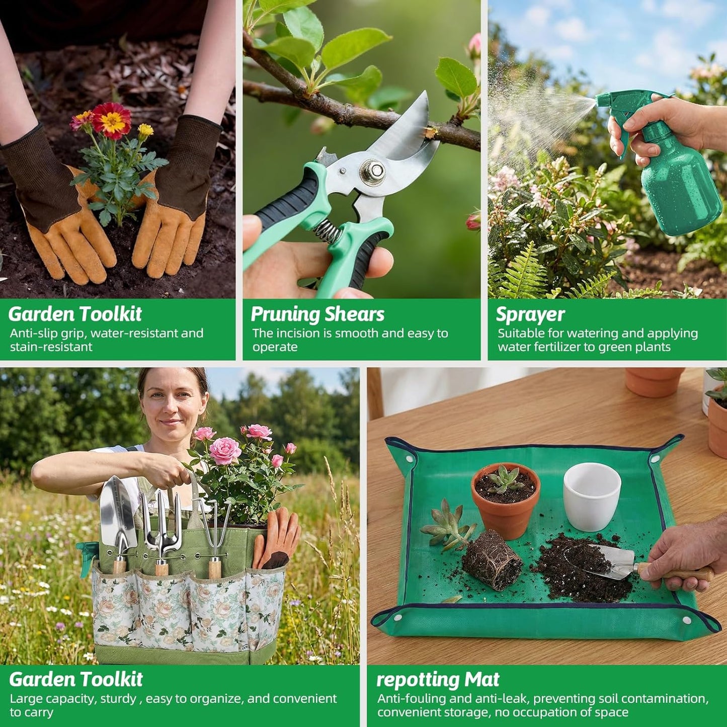 Gardening Tools 10 Pack Heavy Duty Rust-Proof Garden Tool Set with Organizer Tote Bag,Sturdy Repotting Mat,Gardening Gifts for Women Mom(Green)