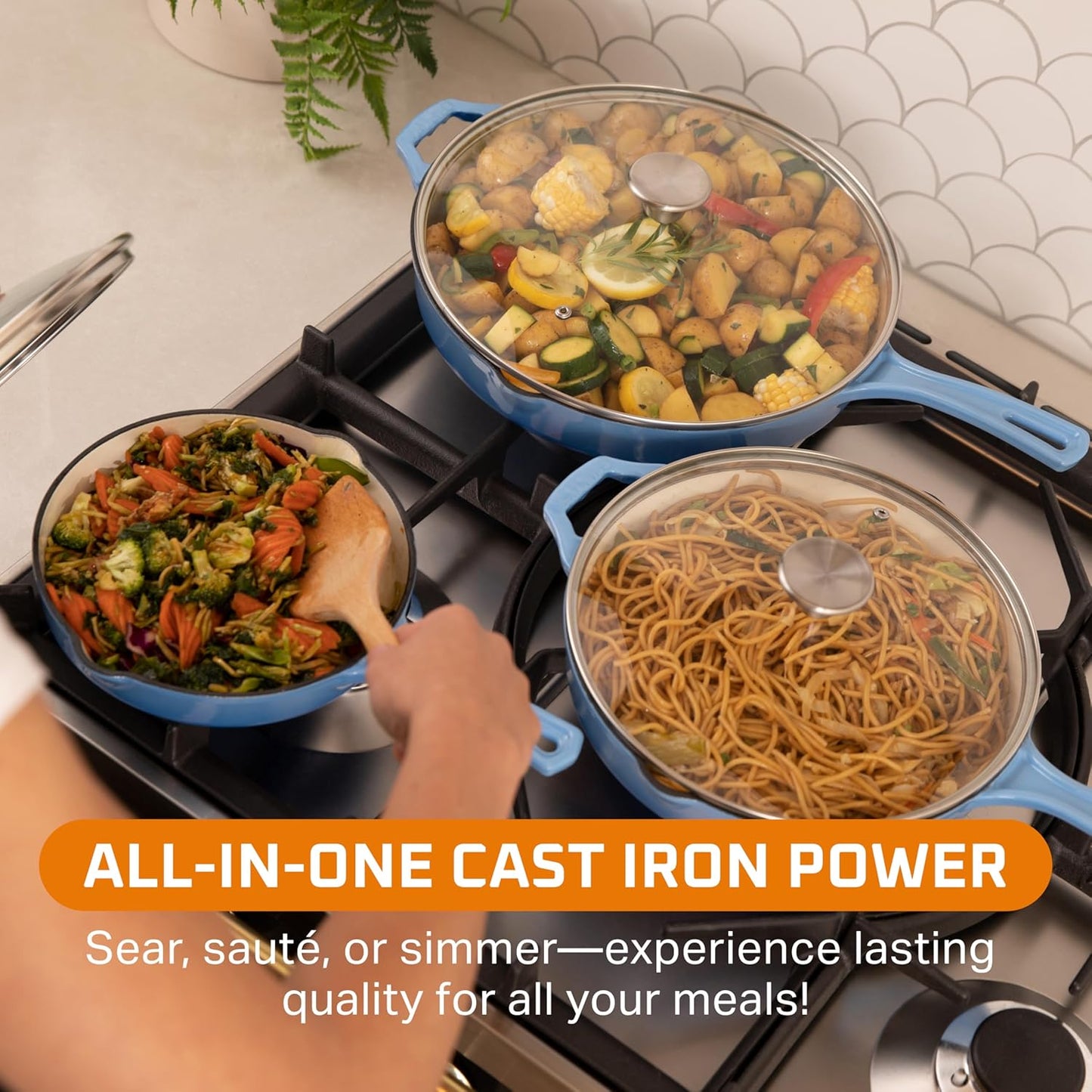 Bruntmor Enameled Cast Iron Frying Pan Set - 8" 10" 12" Blue Enamel Nonstick Skillets with Tempered Glass Lid - Oven Safe Egg and Grill Pan Set for Cooking, Searing, and Frying