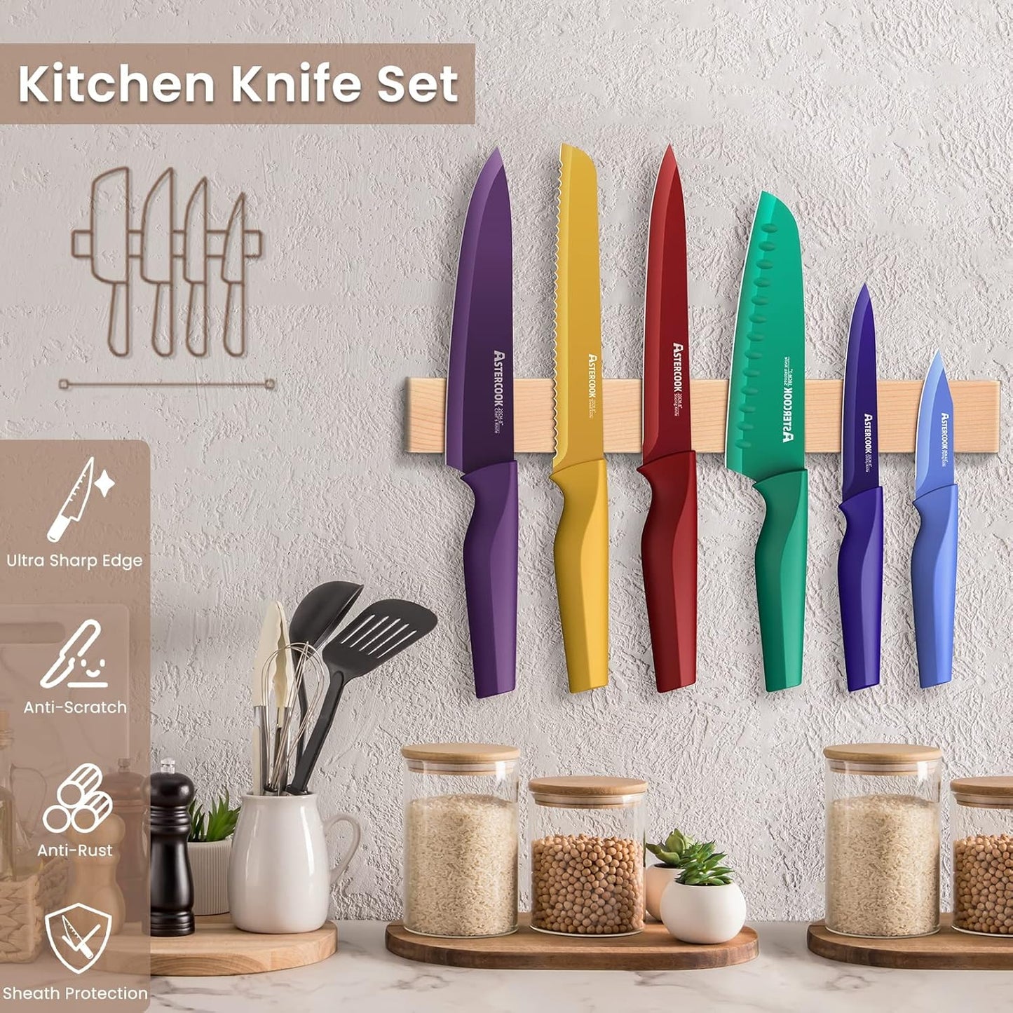 Astercook Knife Set, 12 Pcs Color-Coded Kitchen Knives Set, 6 Color Anti-Rust Coating Stainless Steel Chef Knife Sets with 6 Blade Guards Dishwasher Safe