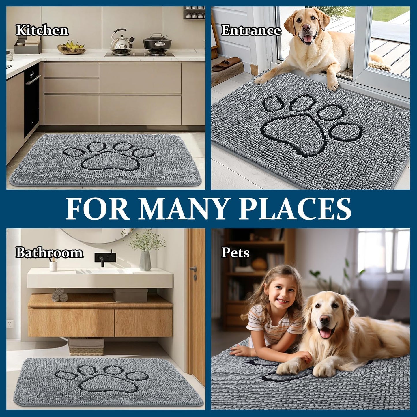 OLANLY Dog Door Mat for Muddy Paws 30x20, Paw Print Design, Absorbs Moisture and Dirt, Absorbent Non-Slip Washable Doormat, Quick Dry Chenille Mud Mat for Dogs, Entry Indoor Entryway Carpet, Grey
