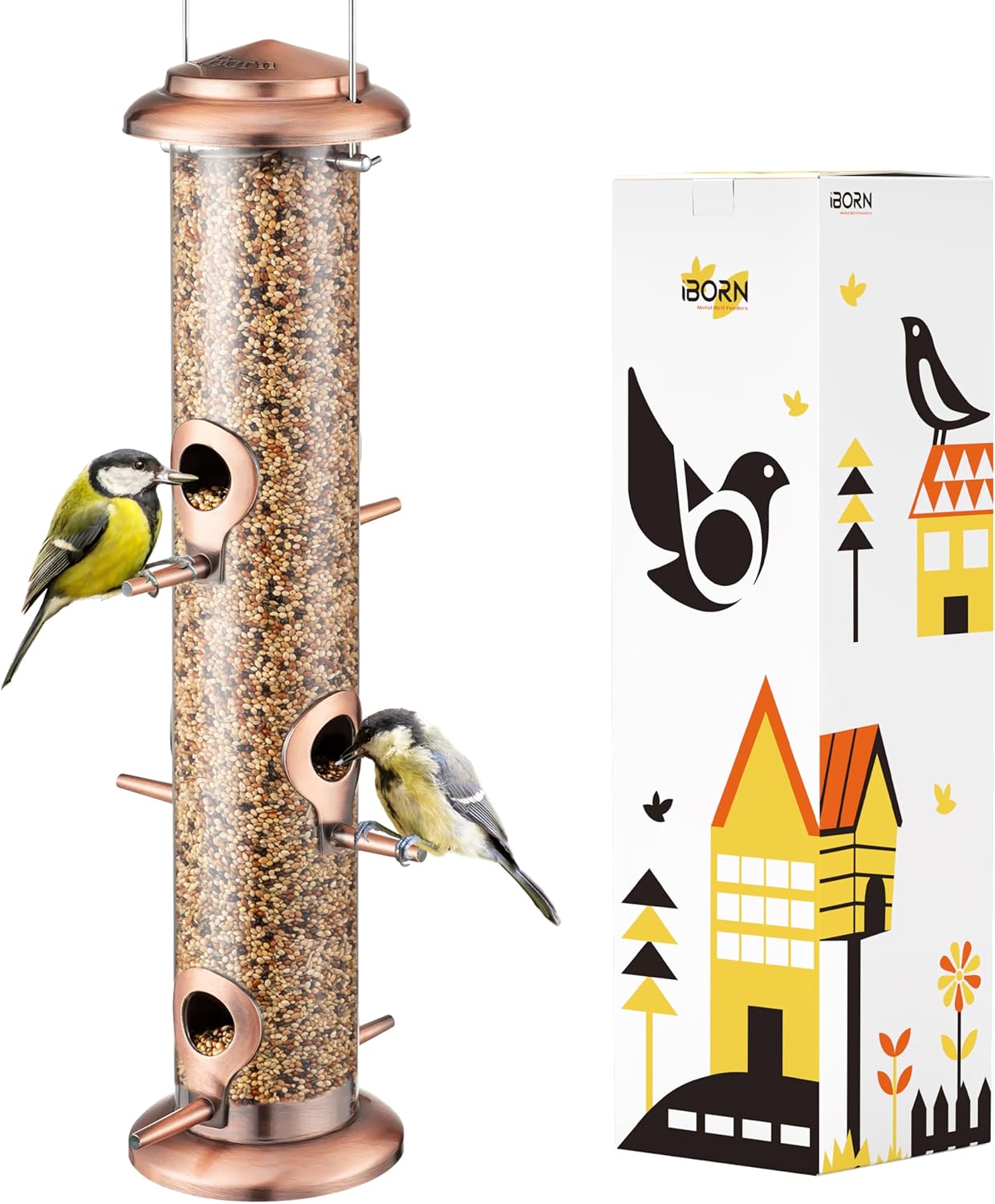 iBorn Metal Bird Feeders Brushed Copper Wild Bird Feeder for Outdoors Hanging All Metal Brushed Copper Finishing 15 Inch 6 Port(Seed is not Included)