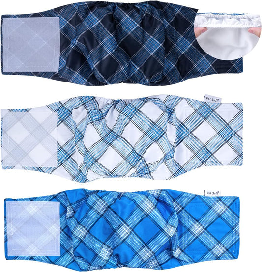 Pet Soft Dog Belly Bands - Washable Dog Diapers Belly Band for Male Dogs, Reusable Male Dogs Wraps 3pack for Doggy Puppy (Blue Plaid, L)