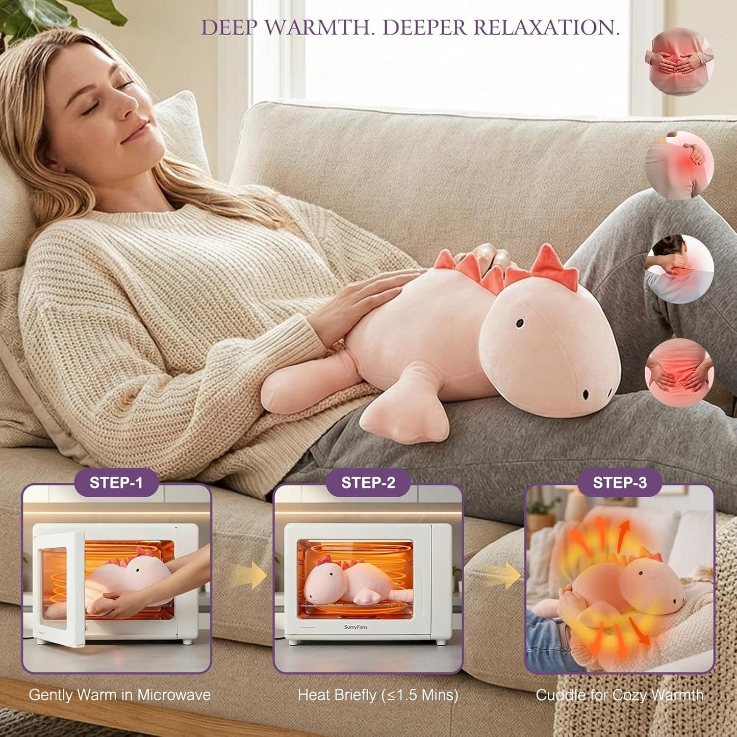OSOCU® Microwavable Heating Pad Pink Stegosaurus Plush - 1.4 Lb Weighted Stuffed Animal Toy with Tourmaline Beads & Lavender - 16" Squished Long Dinosaur Pillow - Lumbar Back Cushion Lasting Warmth