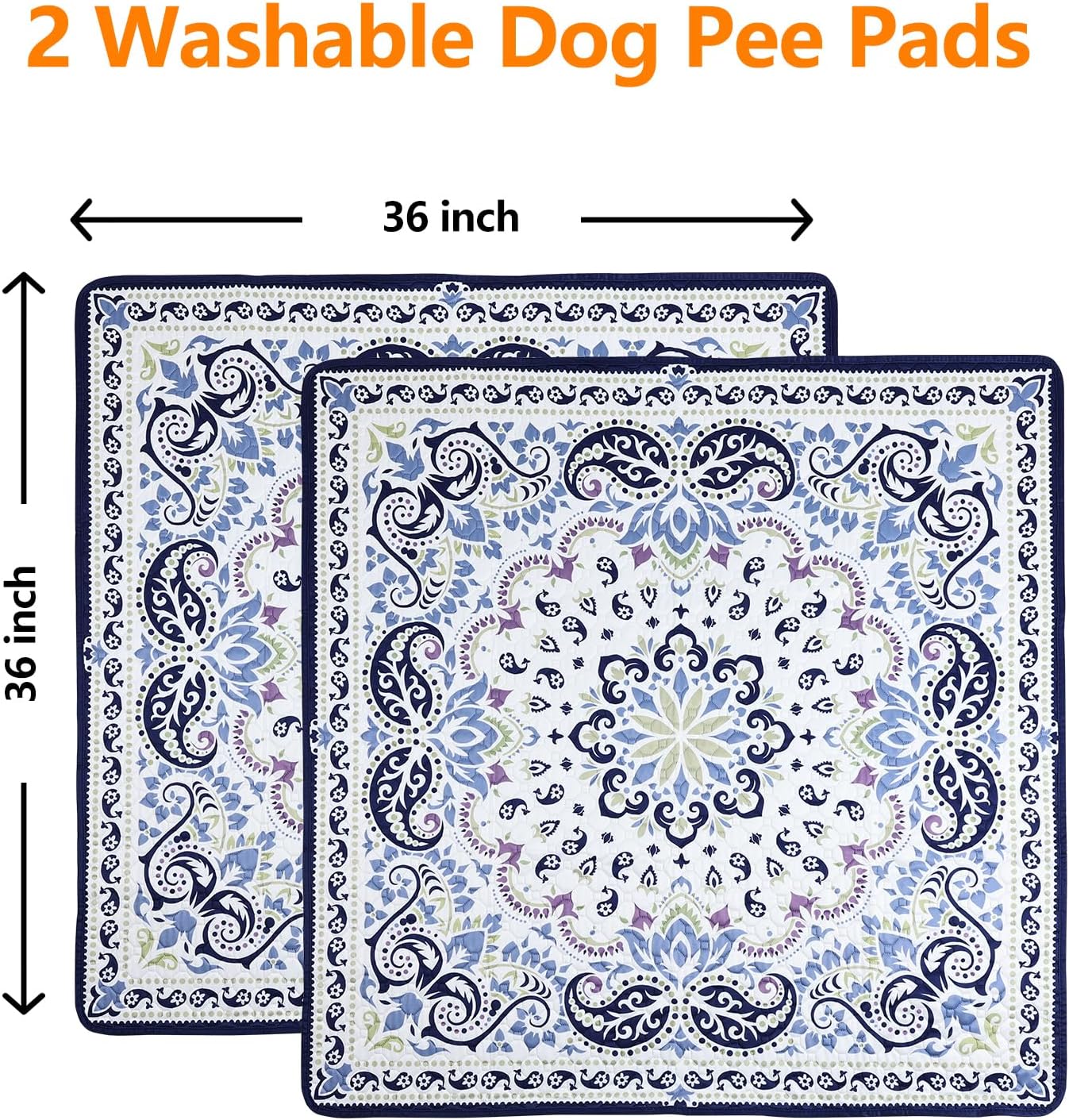 Mozin Washable Pee Pads for Dogs, 2 Pack Super Absorbent Reusable Puppy Pads Waterproof, Leak-Proof & Non-Slip Whelping Pad for Potty Training, Playpens, Crates, Floors, Beds, and Couches 36"x36"