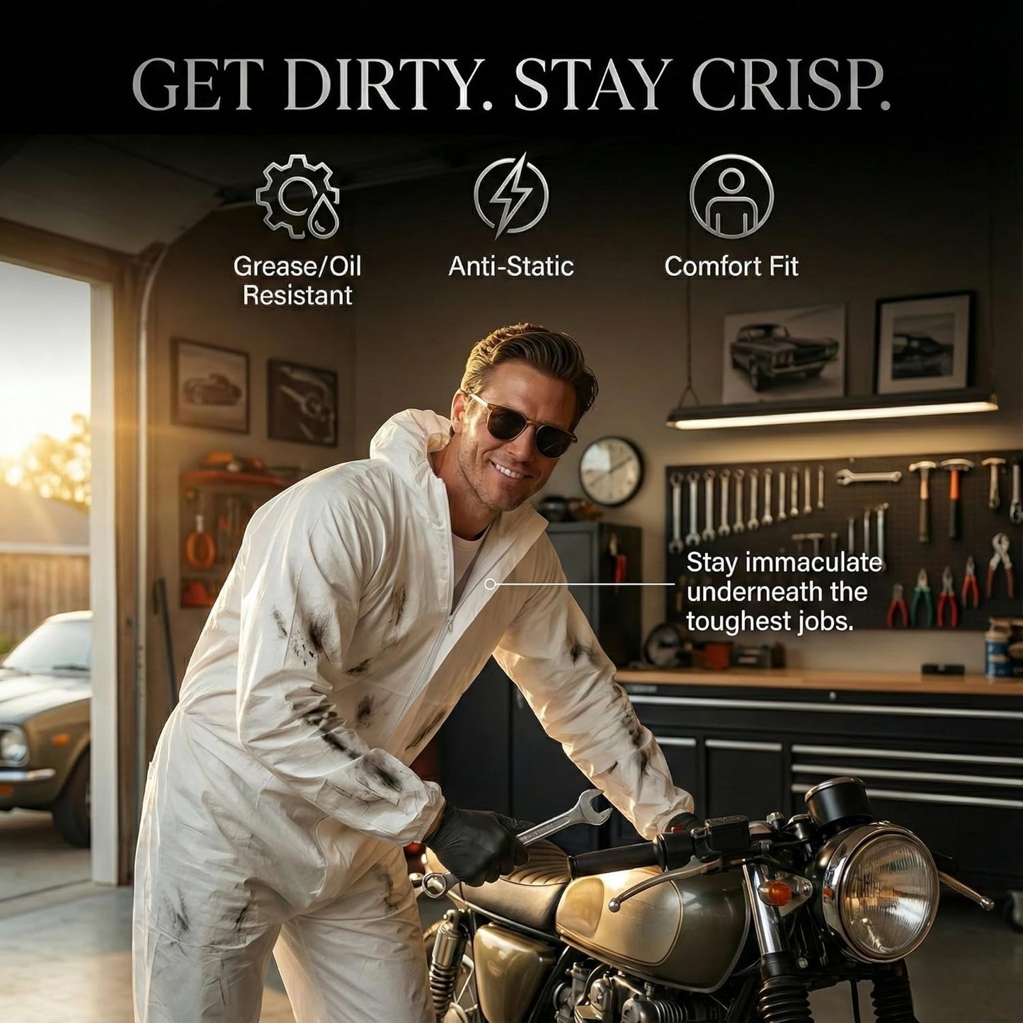 PENTAGON SAFETY EQUIPMENT Disposable Overalls, Full-Coverage Hazmat Suit with Hood, White Coveralls for Work & DIY Men/Women.