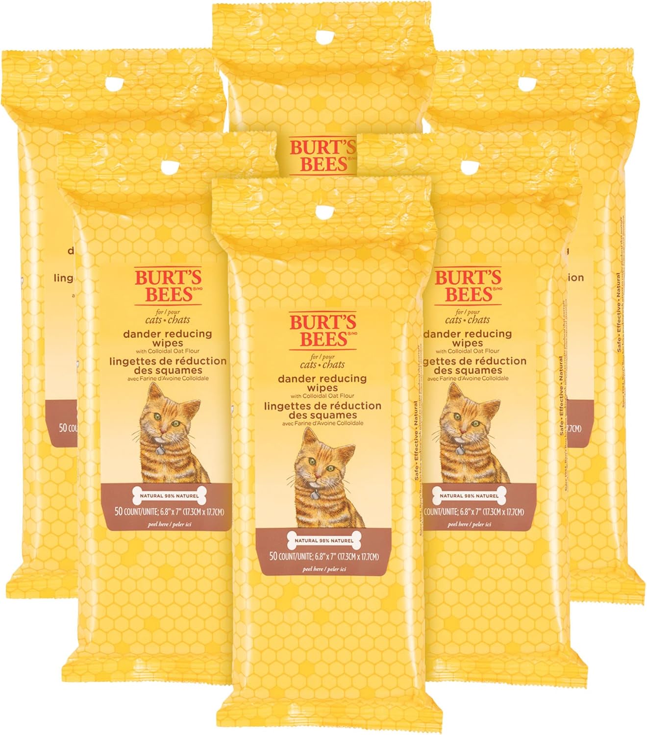 Burt's Bees for Pets Cat Dander Remover Wipes, Unscented Soft Grooming Cloths with Colloidal Oat Flour + Aloe, Helps Reduce Flaking Between Baths for Cats & Kittens, 50 Count - 6 Pack