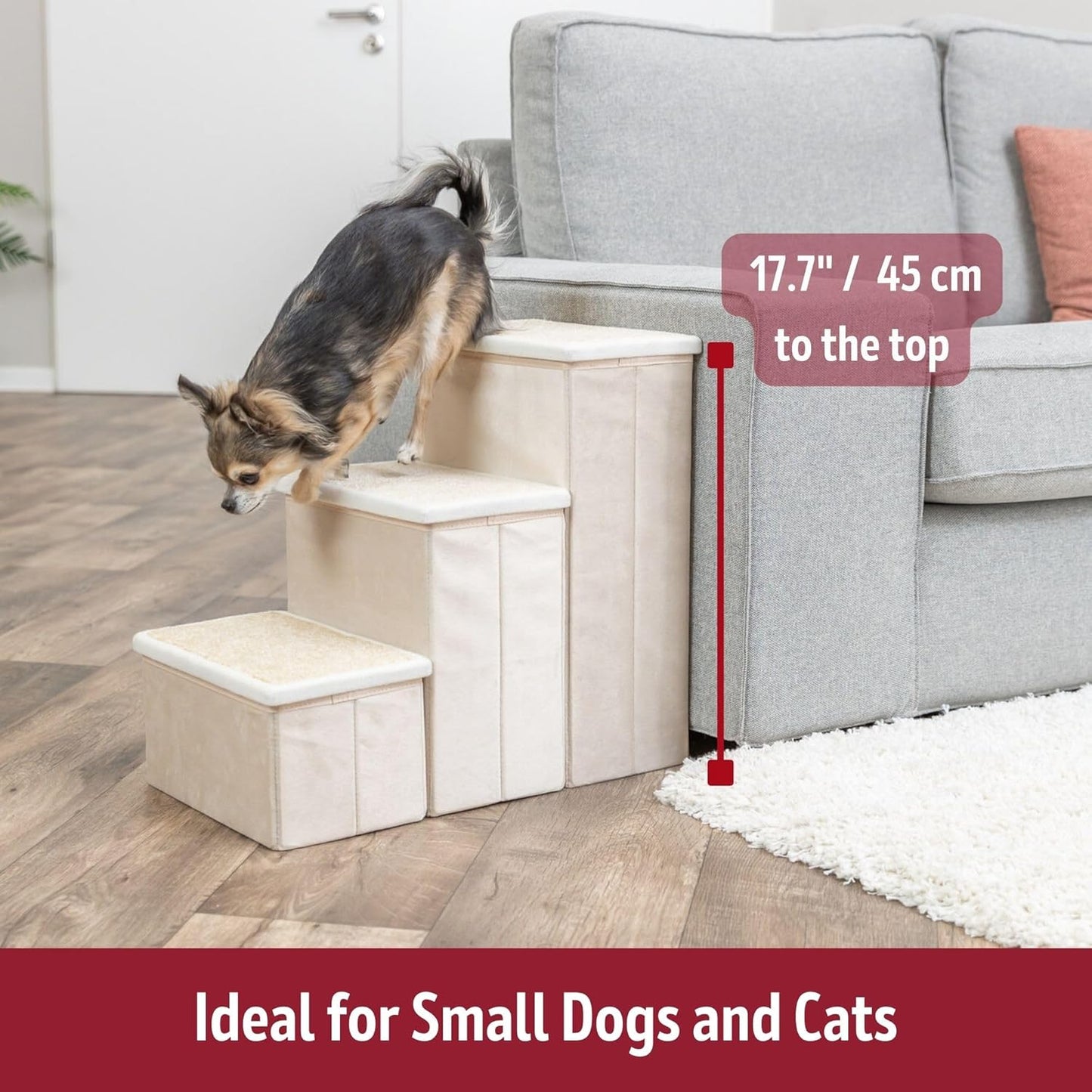 Trixie Velour Foldable 3-Step Pet Stairs with Storage, Collapsible, Storage Compartments for Pet Toys, Beige