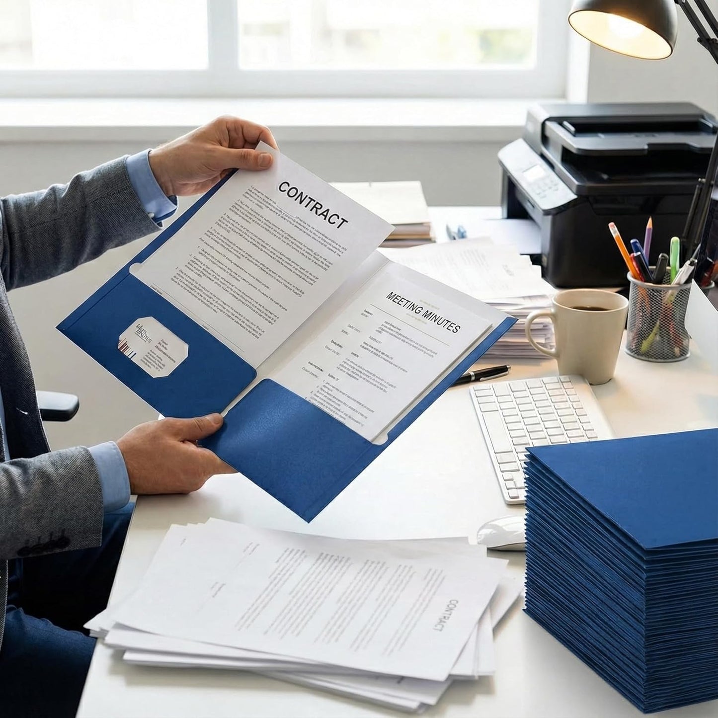 Zzrywuty File Folders with Pockets Letter Size,50-Pack Paper Folders with Card Slot,Blue Two Pocket Folders for School Students,Businessmen,Home and Office Workers