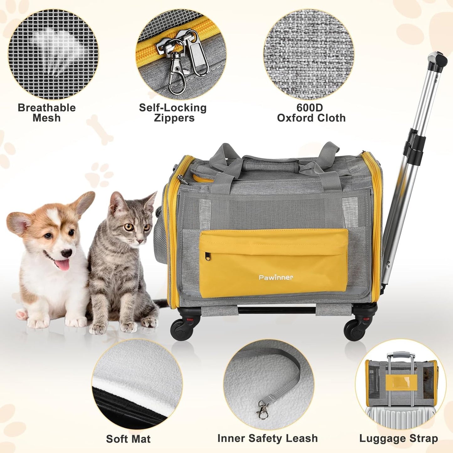 Pawinner Pet Carrier with Wheels, 17.7" x 13" x 13" Airline Approved Cat Carrier for Pets up to 20lbs, Newly Designed Rolling Travel Bag with Telescopic Handle, for Small Dogs and All-Breed Cats