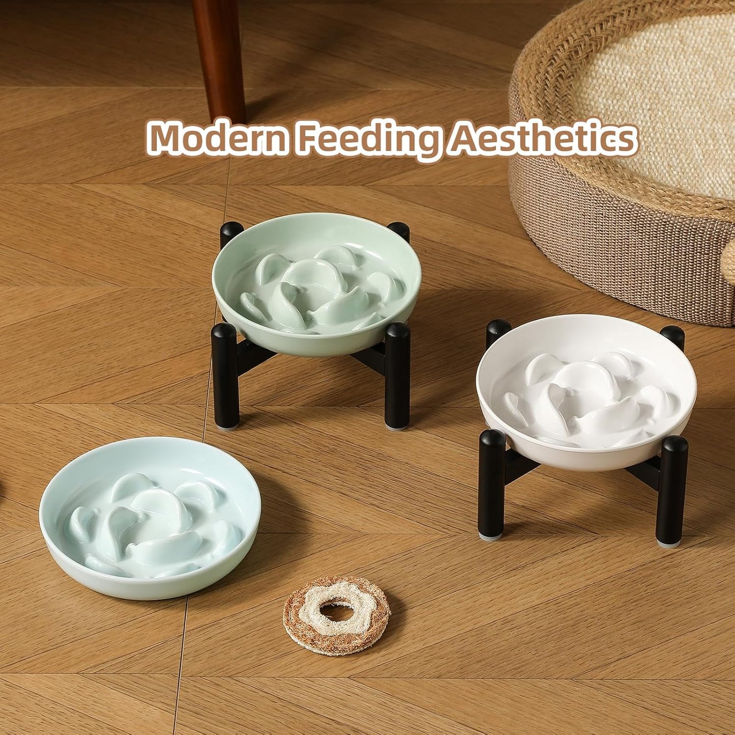 Elevated Slow Feeder Cat Bowl - Melamine Cat Food Plate with Anti-Slip Metal Stand - Raised Maze Dish for Slow Eating - Pale Blue
