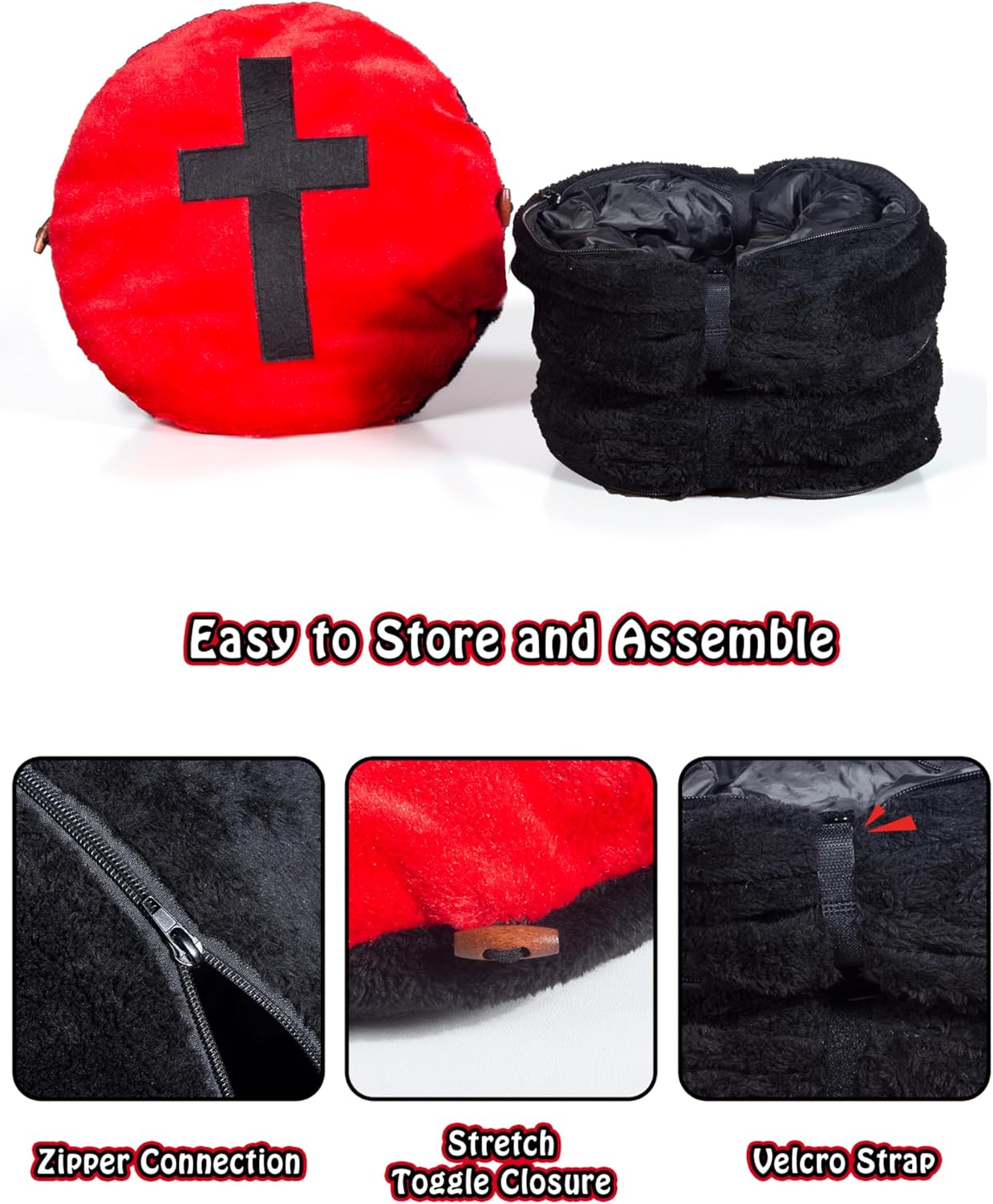 Gothic Cat Bed, Coffin Cat Tunnel House with Washable Cushion, Fits Indoor Cats up to 25 lbs, Cute Peekaboo Cave Pet Bed for Kittens, Rabbits, Halloween Goth Design, Black Red