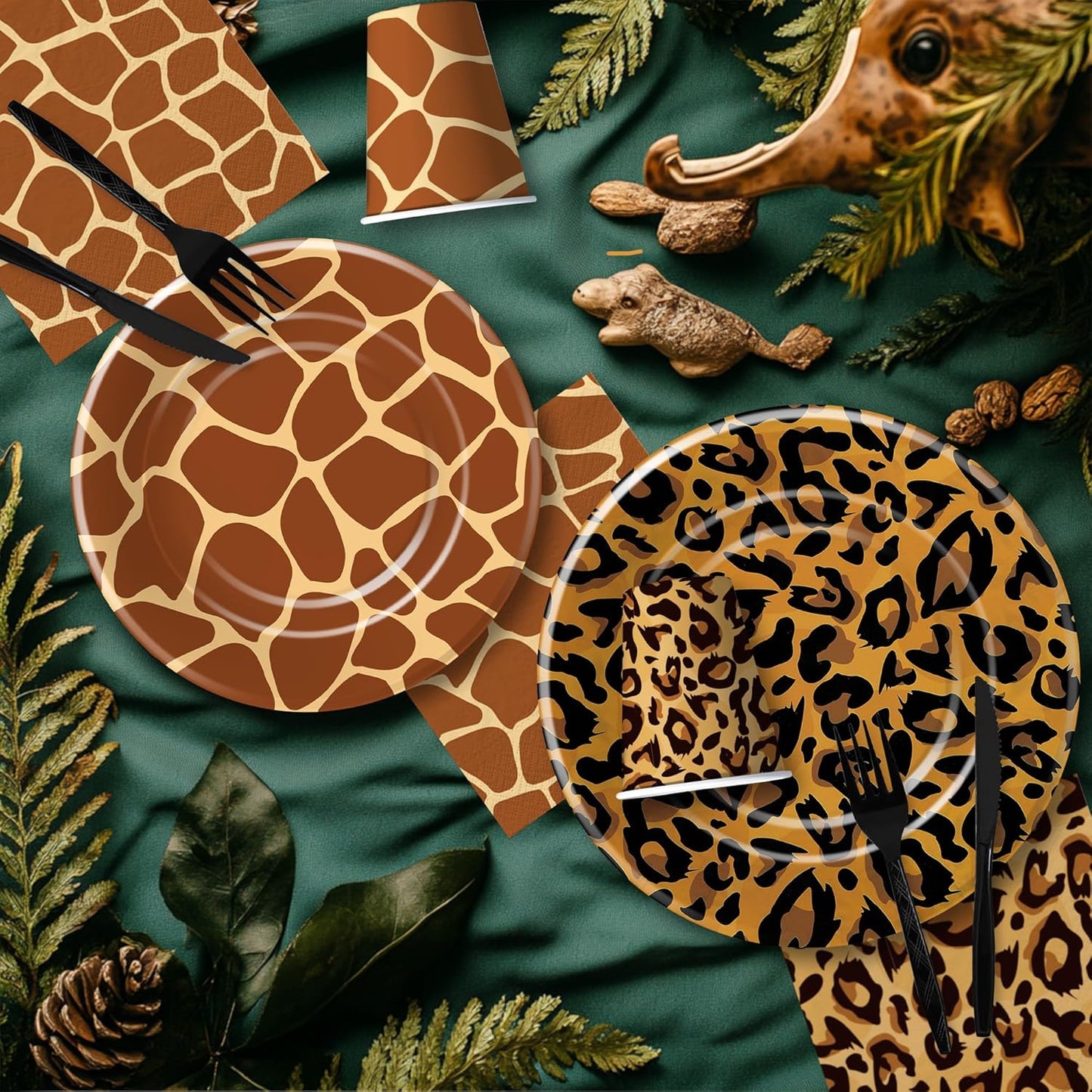 Jungle Safari Party Decorations, Jungle Birthday Party Supplies, Paper Plate, Napkin, Cup, Tablecloth, Banner, Wild Animal Print Balloon, Cutlery, Safari Birthday Decorations, Serves 24