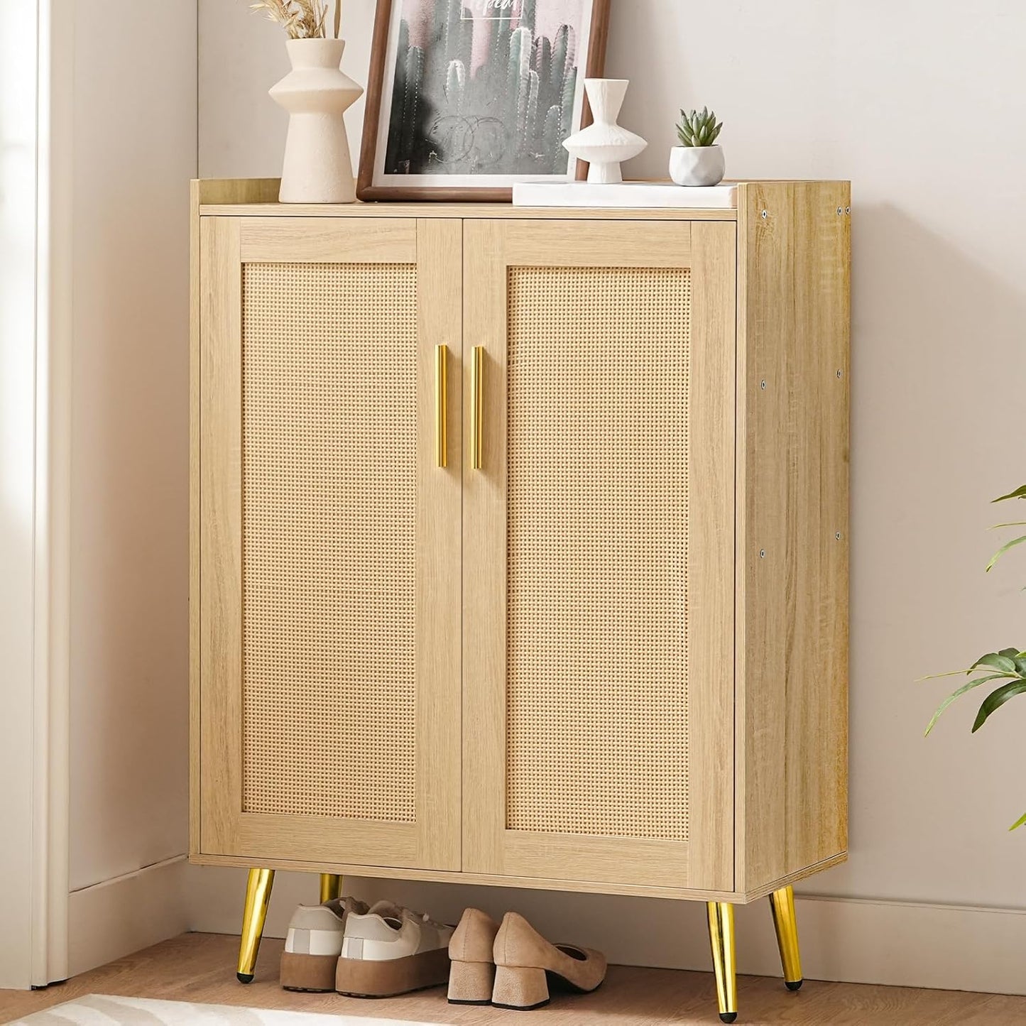 HOOBRO Shoe Cabinet, 5-Tier Shoe Storage Cabinet, Rattan Shoe Cabinet with Doors, 37.8" Tall Shoes Rack Organizer Cabinet for Entryway Hallway Front Door, Adjustable Shelf, Natural NL18SC01