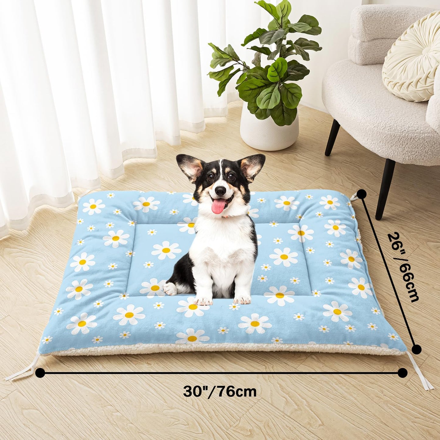 Blue Daisy 정형외과 강아지 침대 매트(76.2cm x 66cm(30x26인치)), 크레이트용 편안한 강아지 켄넬 패드, 세탁 가능한 크레이트 소파 베드 인쇄, 소형, 중형, 대형견 고양이용 수면 매트, 방수 패드 크레이트, 실외, 가정용