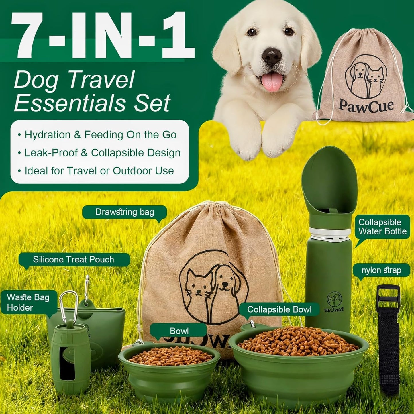 Dog Travel Kit 7-in-1 – Collapsible Bowls, Water Bottle, Treat Pouch, Waste Bag Holder, Strap & Carry Bag – Portable Pet Travel Essentials for Walks, Hiking, Road Trips & Everyday Use – PawCue