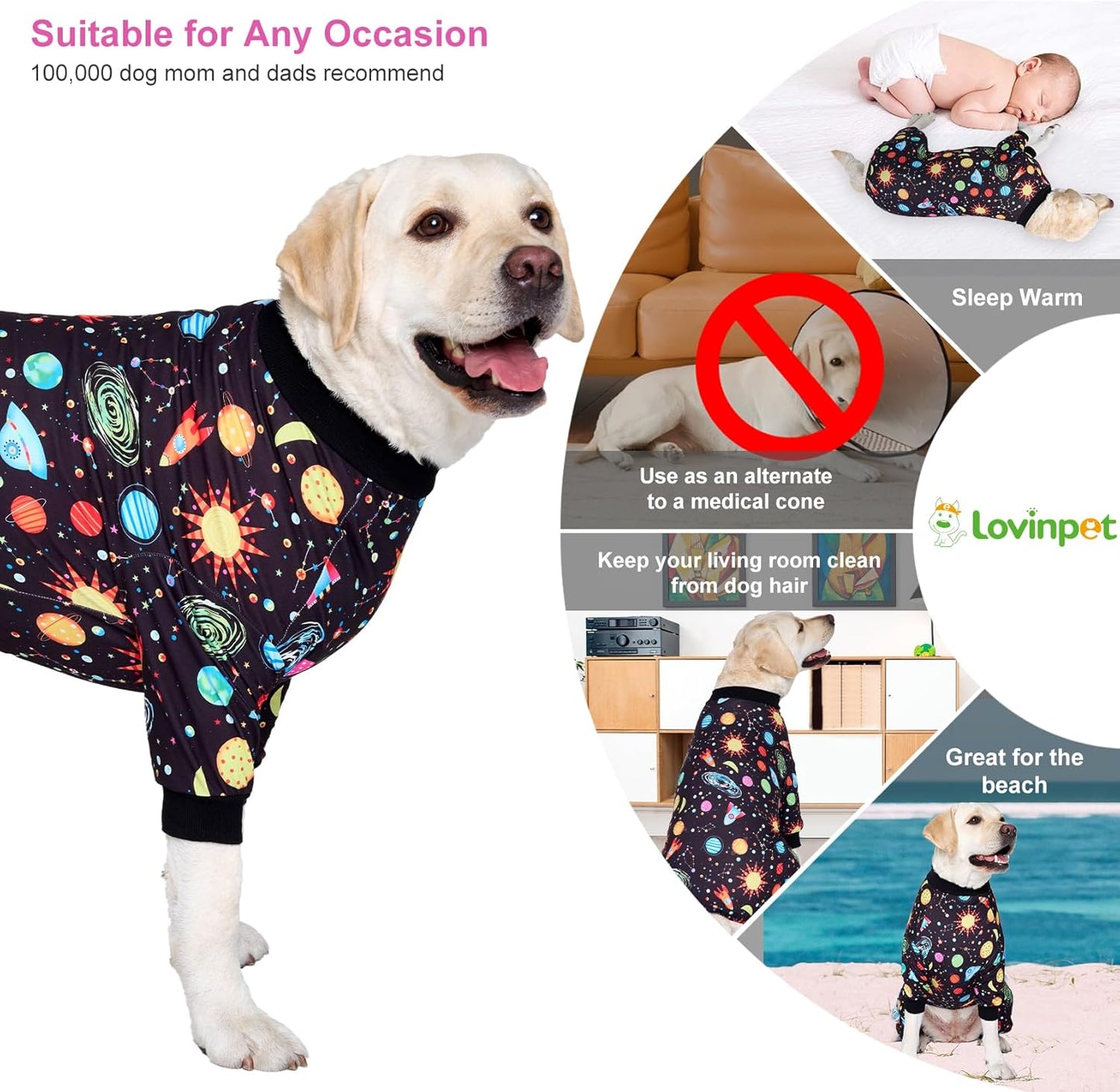 LovinPet Pajamas for Large Dogs, Big Dogs Onesies, Big Dog Pajamas, Post Surgery, Wound Care, Lightweight Stretchy Fabric, Interstellar Black Print, Dog Jumpsuit, Anti Licking, Pet PJ's, 2XL