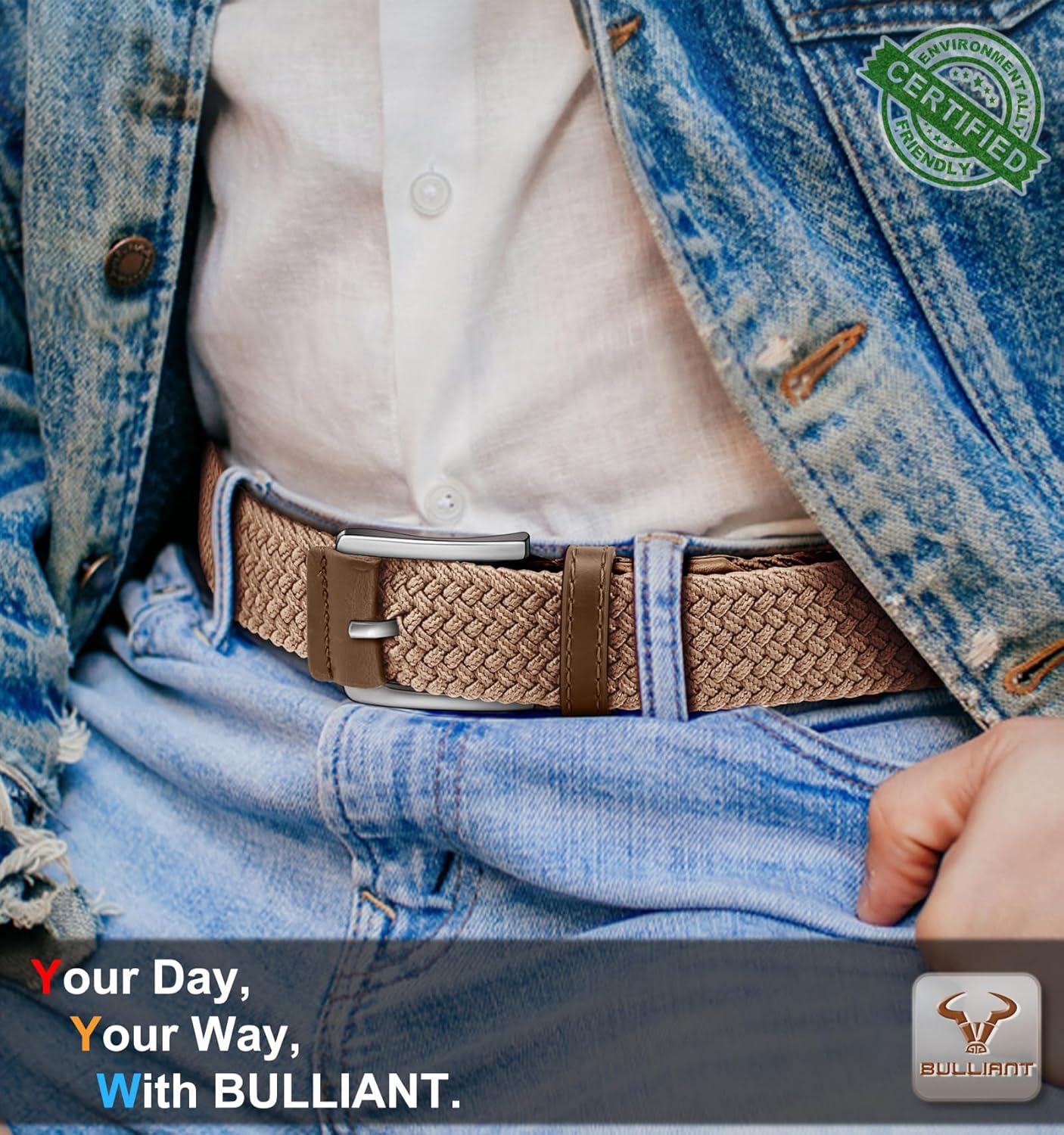BULLIANT Belt for Men 2Pack,Mens Gift Stretch Braided Web Belt Elastic for Casual Golf Jeans,1 3/8"