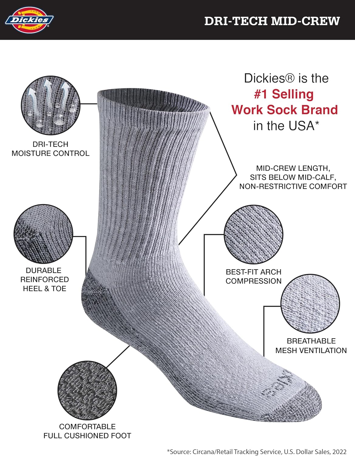 Dickies Men's Dri-Tech Mid-Crew Comfort Length Moisture Control Socks (6, 12 Pairs)