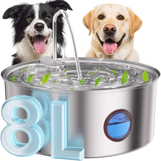 Stainless Steel Dog Water Fountain – 8L/270oz Automatic Waterer with Quiet Pump for Medium/Large Dogs, Cats & Multi-Pet Homes, Visible Water Window & Easy to Clean