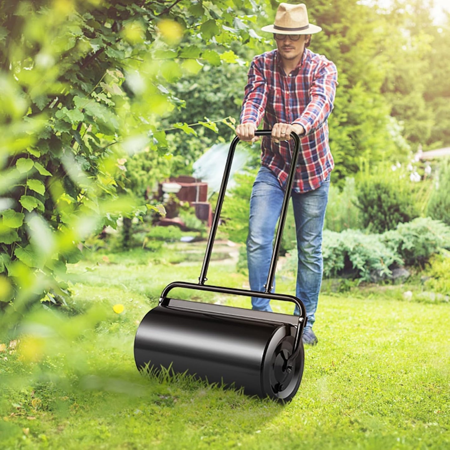 VEVOR Lawn Roller 13 Gallon Large Capacity Sand/Water Filled, Heavy Duty Steel Material, with Easy-Turn Plug and U-Shaped Ergonomic Handle for Convenient Push and Pull, for Garden, Farm, Park, Black