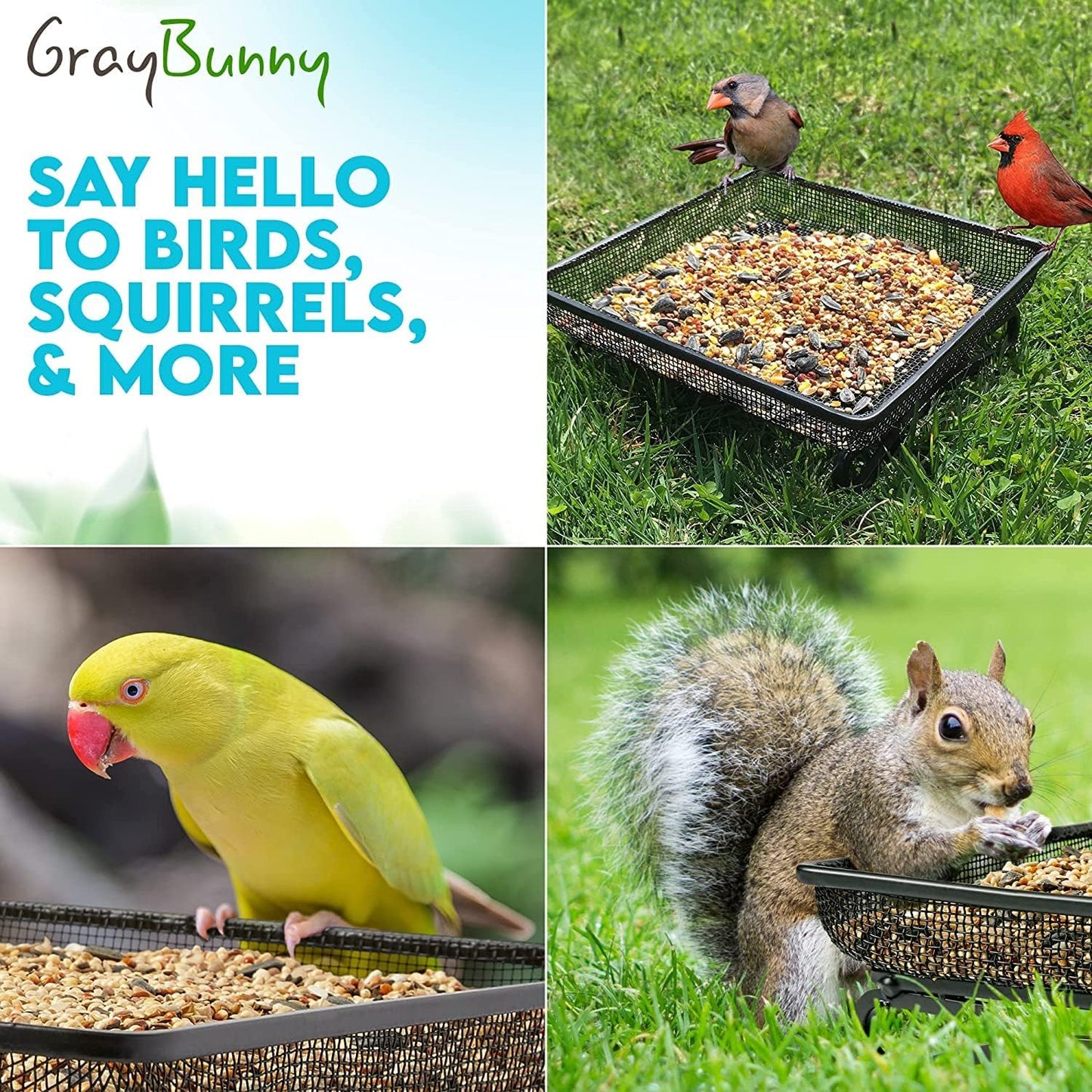 Gray Bunny Ground Bird Feeder Tray - Metal Platform Mesh Seed Tray for Standing Bird Feeders - Great Attracting Garden Yard Decoration for Wild Birds Squirrels Dove Cardinal Blue Jay Crows (11x11in)