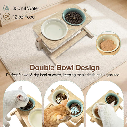 Elevated Cat Bowl, 12 Ounce Ceramic Raised Cat Bowl for Dry and Wet Food, 2 Dishs with Adjustable Wood Stand, for Indoor Kitten, Cats and Puppy, Dishwasher Safe (Cream+Green