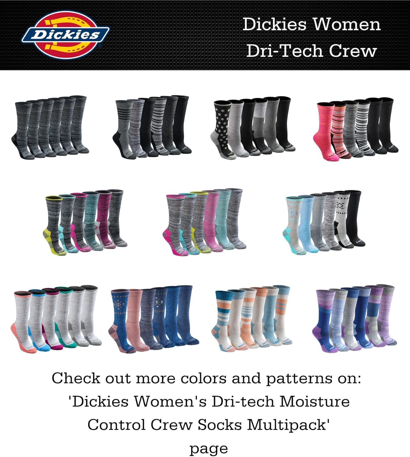 Dickies Women's Dri-Tech Essential Moisture Control Crew Socks, Available in S-XL (6, 12 Pairs)