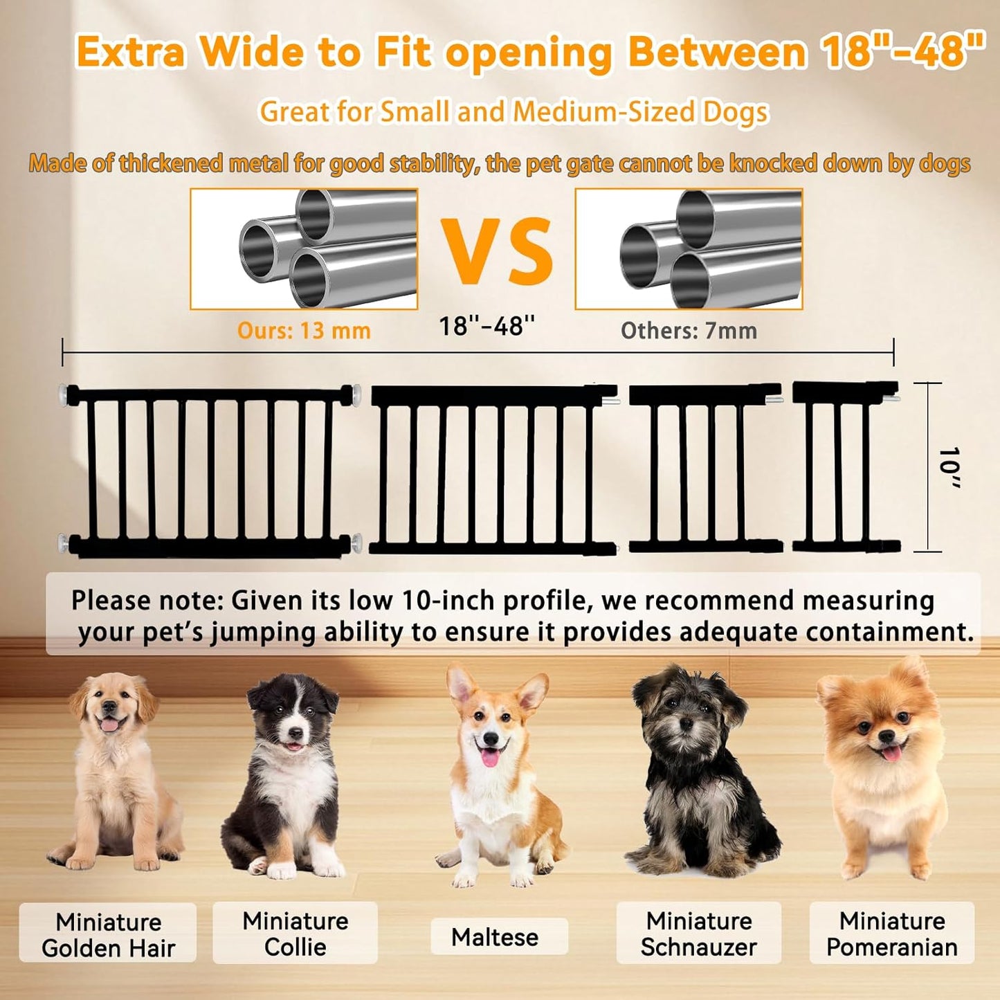 10" Height Short Dog Gate Adjustable18-48 Extra Wide Dog Gate with Small Cat Door,Pet Gate with 4 Extension Kits Pressure Mounted for Doorways & Stairs (Black, 10" Height)