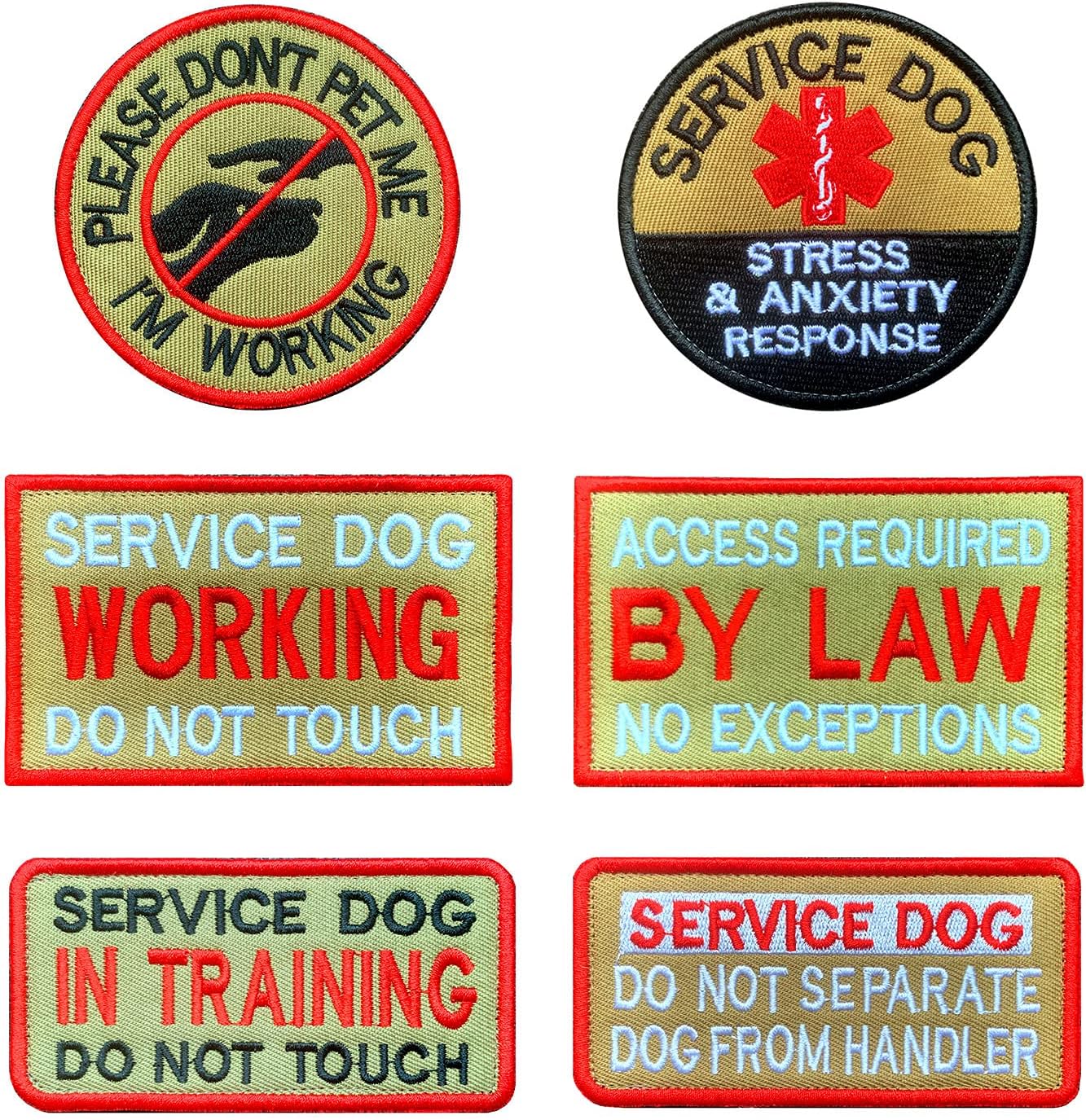 Antrix 6 Pcs Tan Service Dog Patch for Dog Harness, Working Training Do Not Touch Pet Stress & Anxiety Response Access Required by Law Hook & Loop Dog Patch for Large Dogs Vests/Harness Clothes