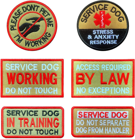 Antrix 6 Pcs Tan Service Dog Patch for Dog Harness, Working Training Do Not Touch Pet Stress & Anxiety Response Access Required by Law Hook & Loop Dog Patch for Large Dogs Vests/Harness Clothes