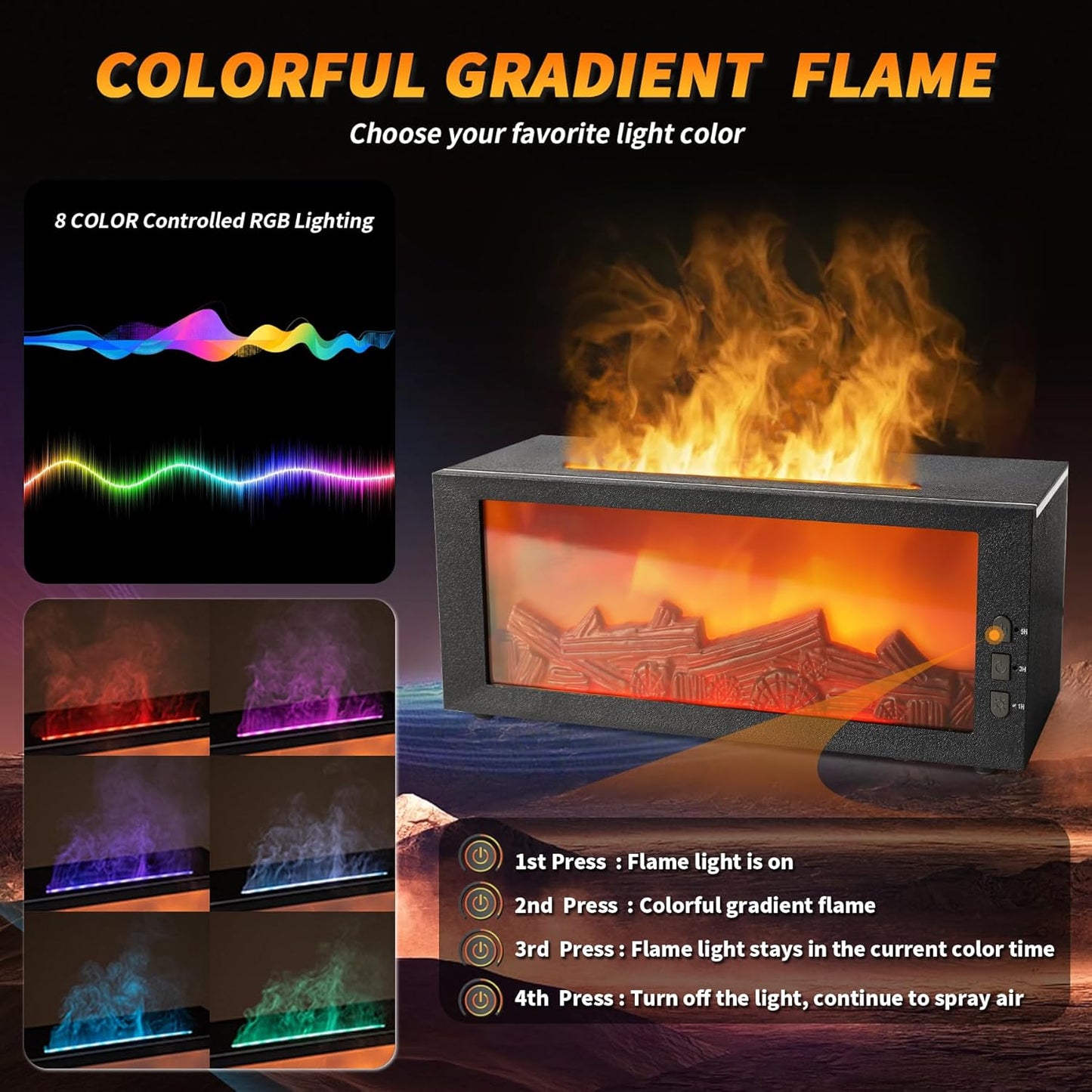 BOHOFAM Fireplace Essential Oil Aroma Diffuser,Flame Air Humidifiers 300ML,14-Hour Runtime,Colorful Flame Diffusers for Home,Included 4 * 10ML Hotel Collection Diffuser Oils for Bedroom(Black)