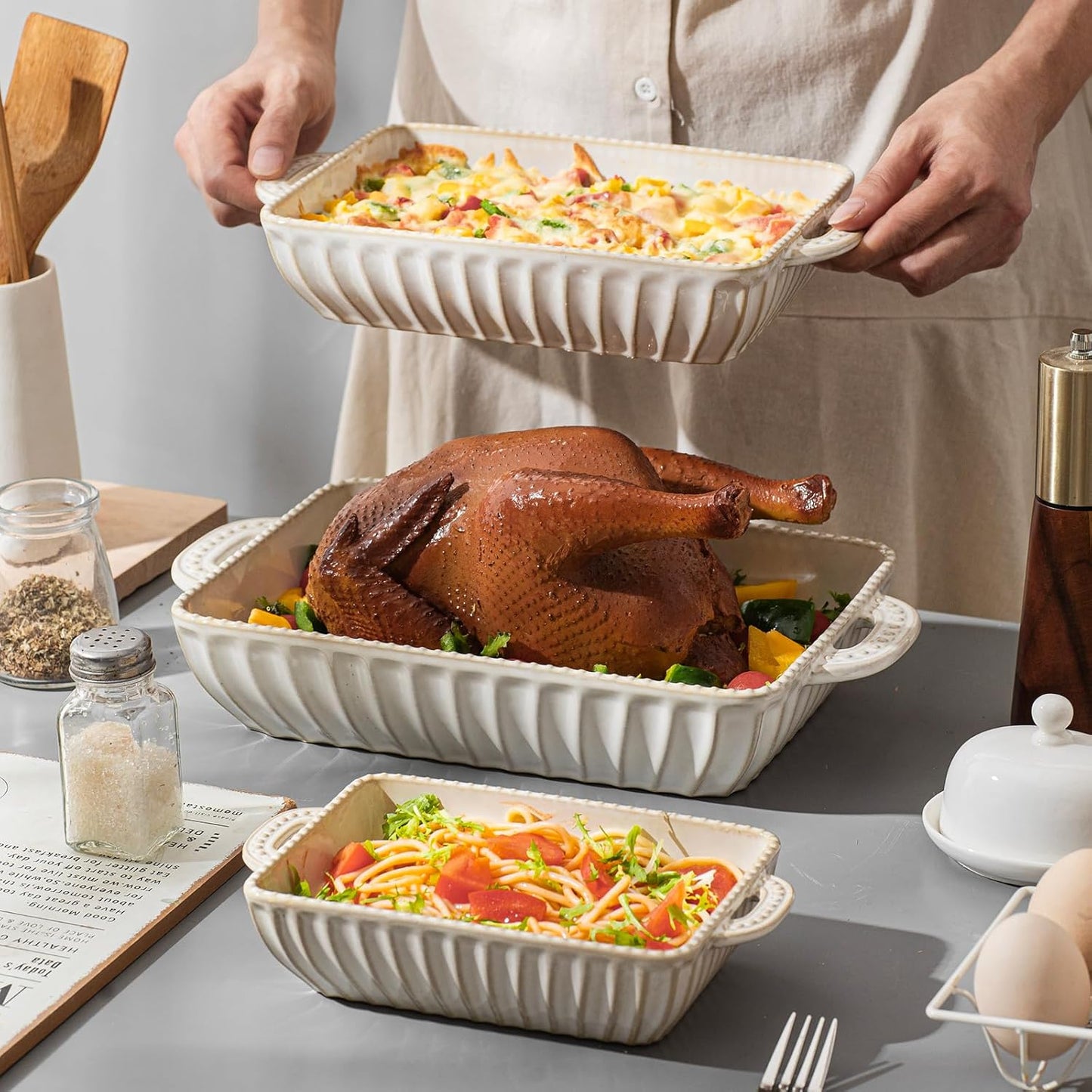 Casserole Dish for Oven, Ceramic Baking Dishes Set, Vintage Hobnail Bakeware Sets of 3, Rectangular Baking Pan, Deep Lasagna Pan with Handle for Cake, Wedding Kitchen Gift, 13.77“/11.6"/8.85"