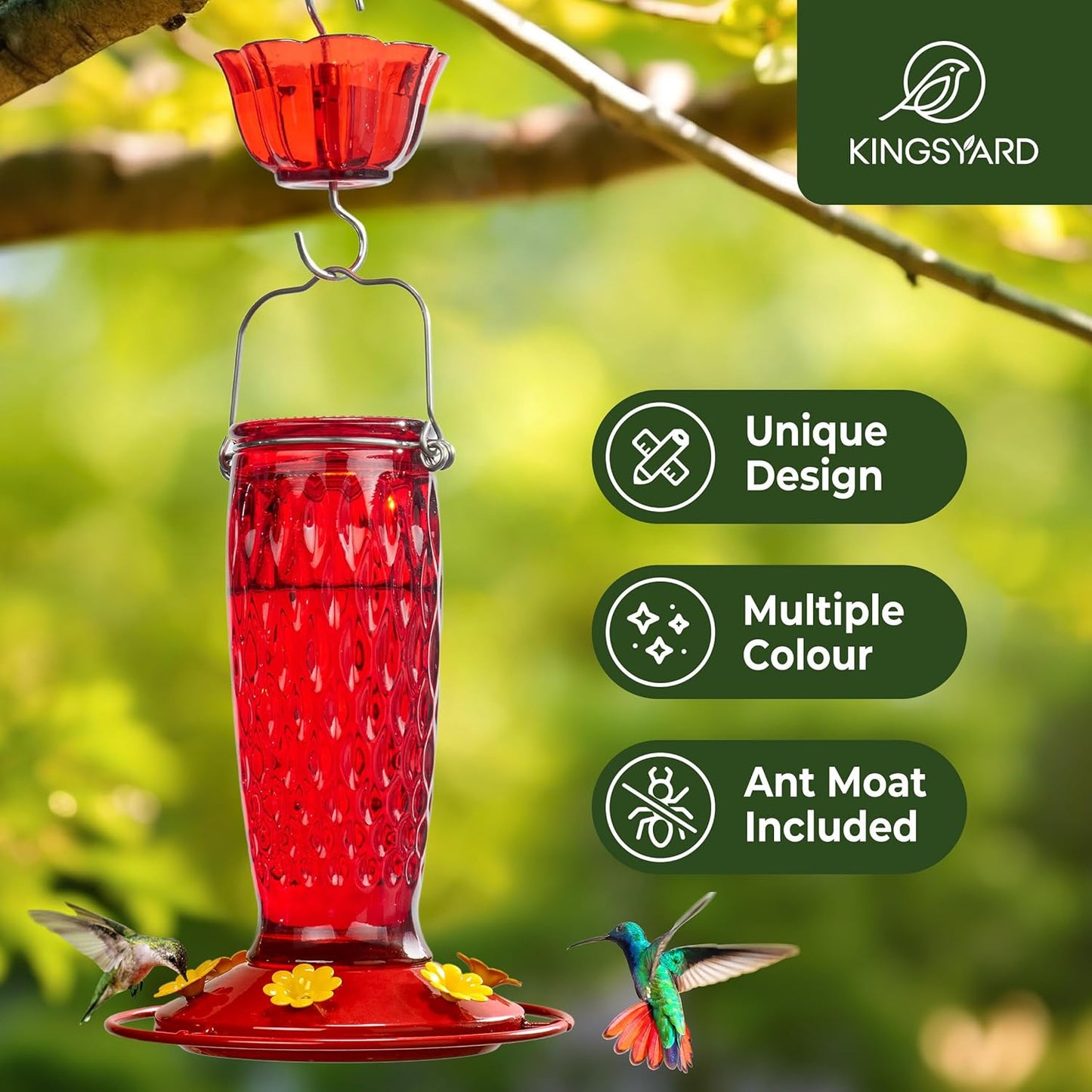 Kingsyard Hummingbird Feeders for Outdoors Hanging, 24 Ounce, Glass Hummingbird Feeder with Ant Moat & 6 Bee Guard Feeding Ports, Leak-Proof, Red