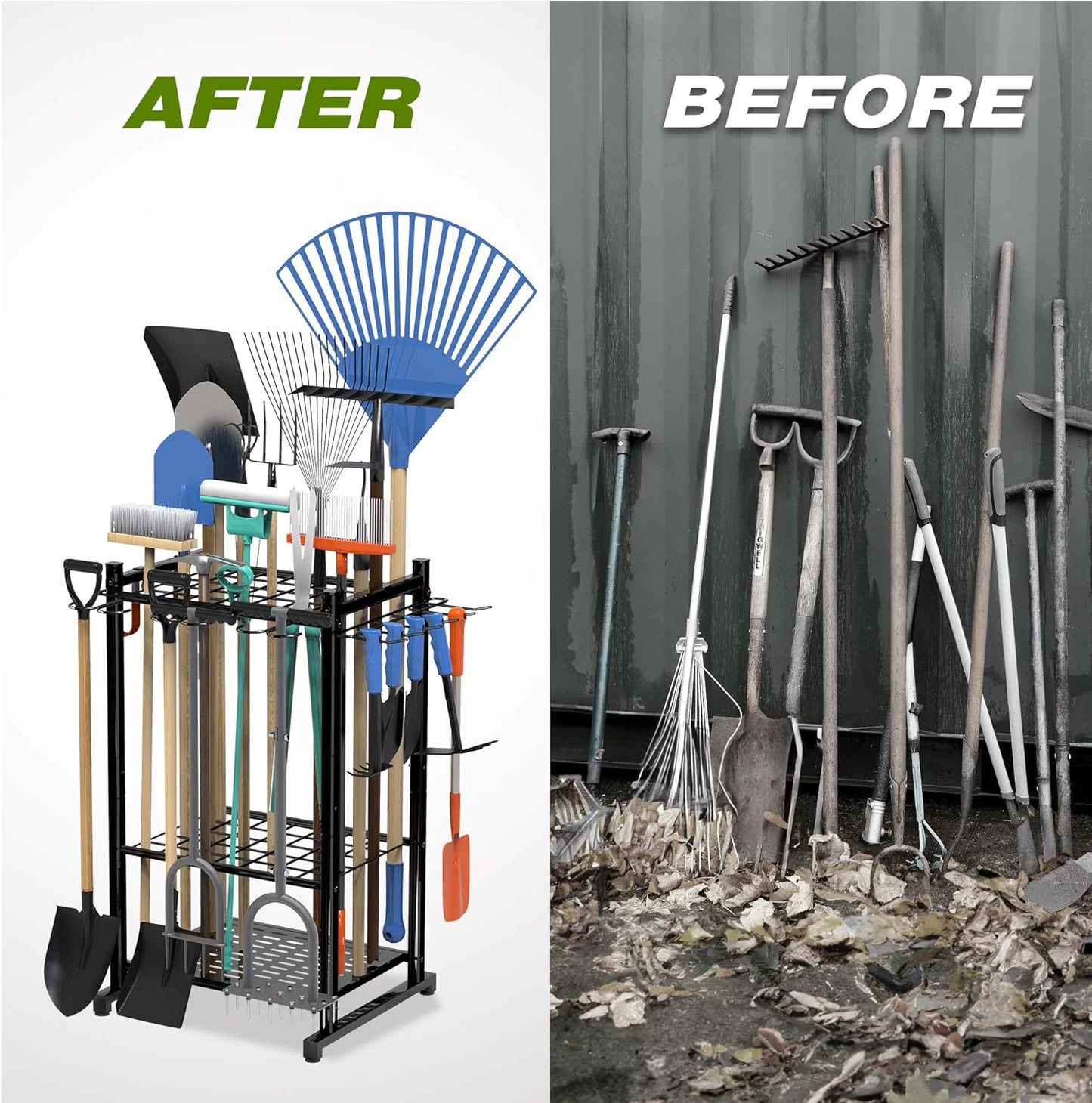 Garden Tool Organizer Rack Up to 50 Tools, Heavy-Duty Steel Yard Tool Organizer for Garage Storage with 11 Hooks, Broom Holder & Garden Tool Rack for Shed, Patio, Outdoor Use, Black