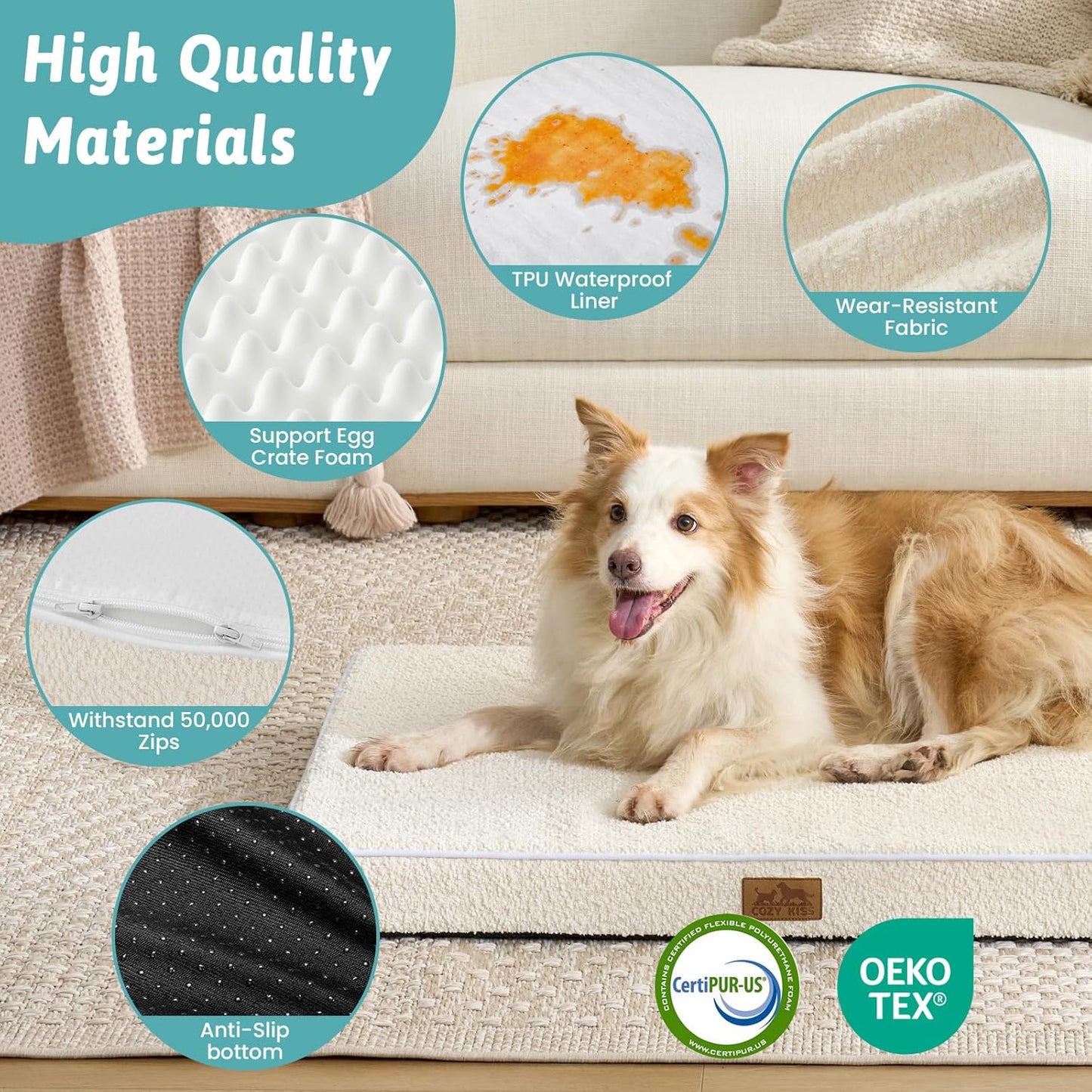 Dog Crate Bed for Large Size Dogs, Rectangular Orthopedic Dog Beds, Foam Anti-Slip Bottom Pet Mat with Washable Removable Cover, Suitable for Pet Up to 75 lbs, 36x27x3 inch, Beige