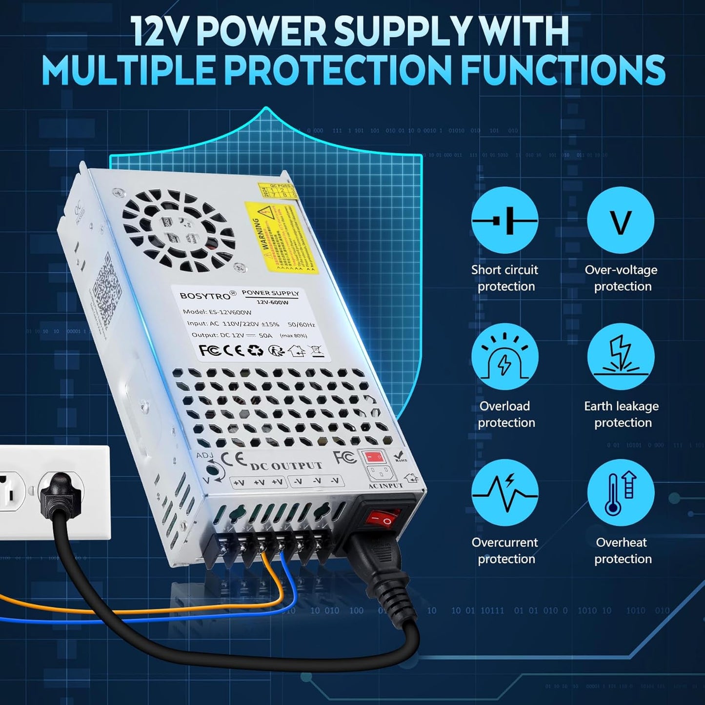 12V DC Power Supply 600W 50A AC to DC Converter Switching Power Supply for Led Strip, Motor Pump, CCTV, 3D Printer, Electronic Instruments, Lab Computer
