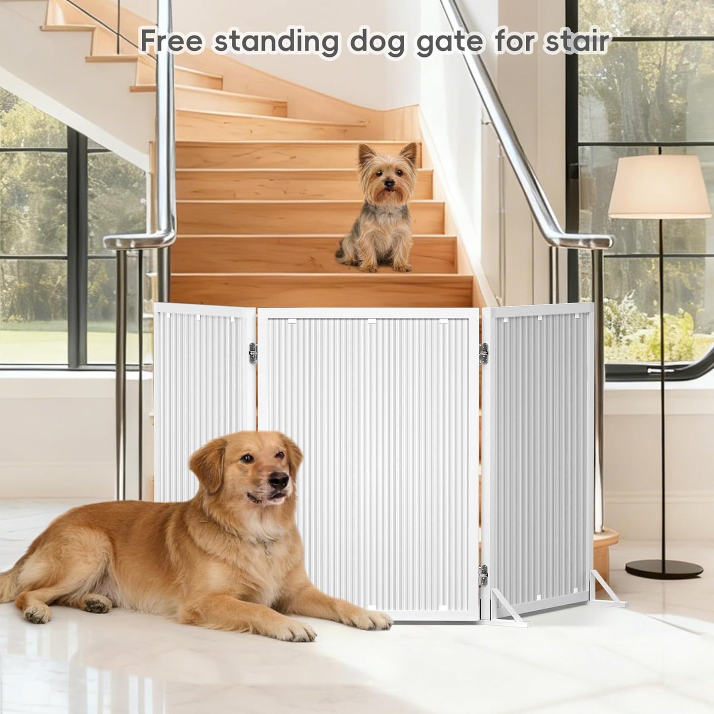 Freestanding Dog Gate 24inch Foldable Expandable Sturdy Pet Gate for Small Medium Dogs Modern Style Indoor Dog Gates for Doorways Stairs Hallway Kitchen Living Room,3 & 4 Panel