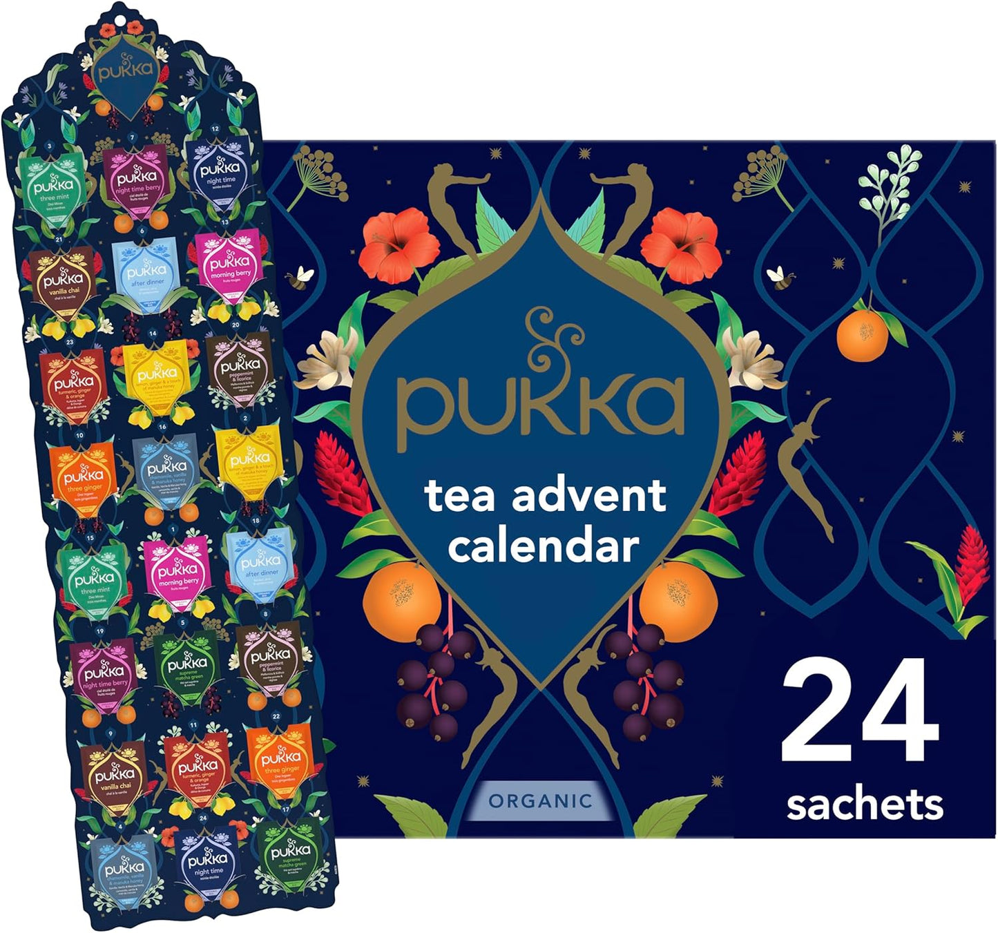 Pukka 2025 Advent Calendar Organic Tea Sampler, Selection of 24 Delightful Black & Green Tea Infusions, Christmas Gift Idea for Tea Lovers, 100% Organic