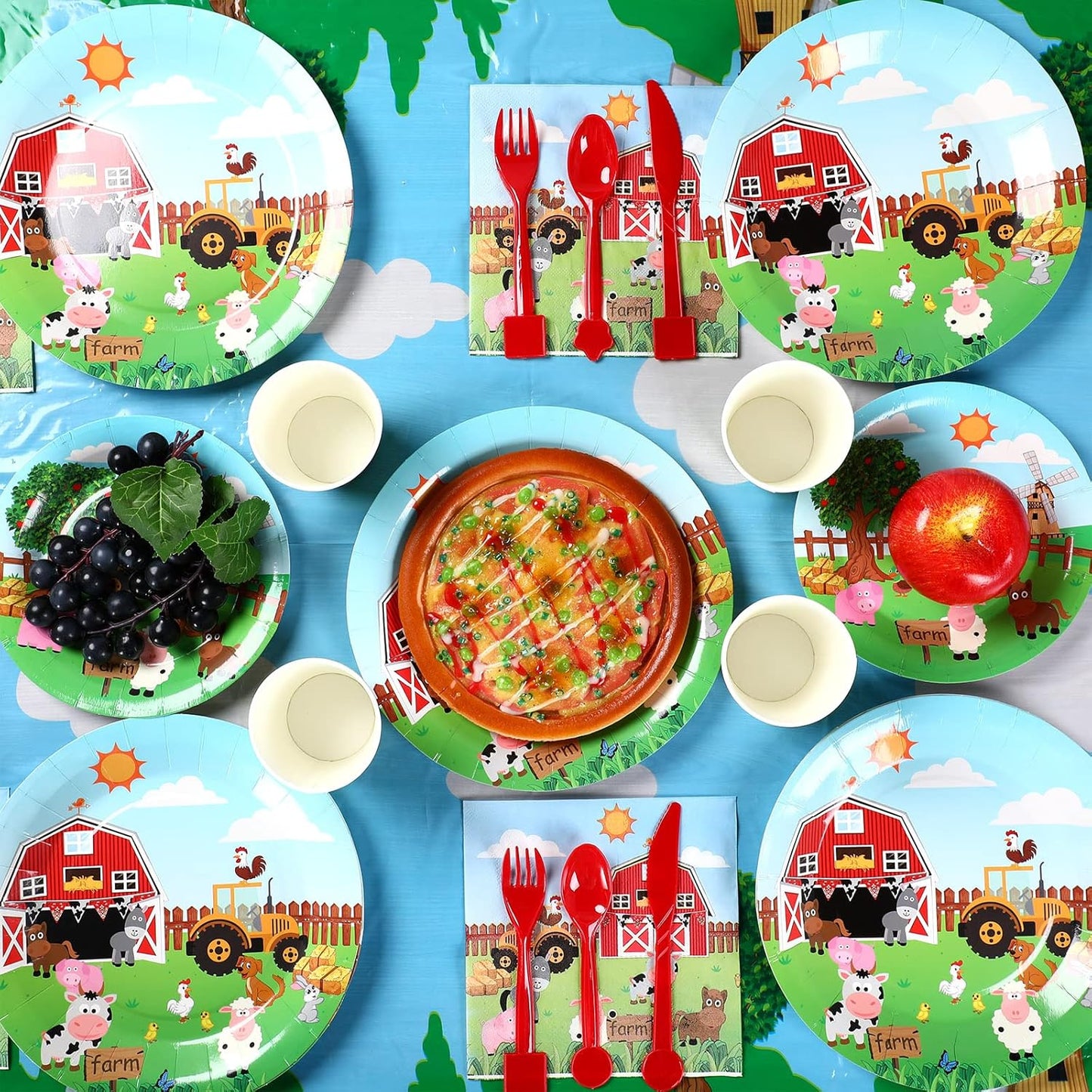 Pajean 171 Pcs Farm Animals Birthday Party Supplies, 24 Guests Barnyard Theme Disposable Tableware Set, Includes Banner, Tablecloth, Plates, Cups, Napkins, Cutlery for Baby Shower, Summer Picnic
