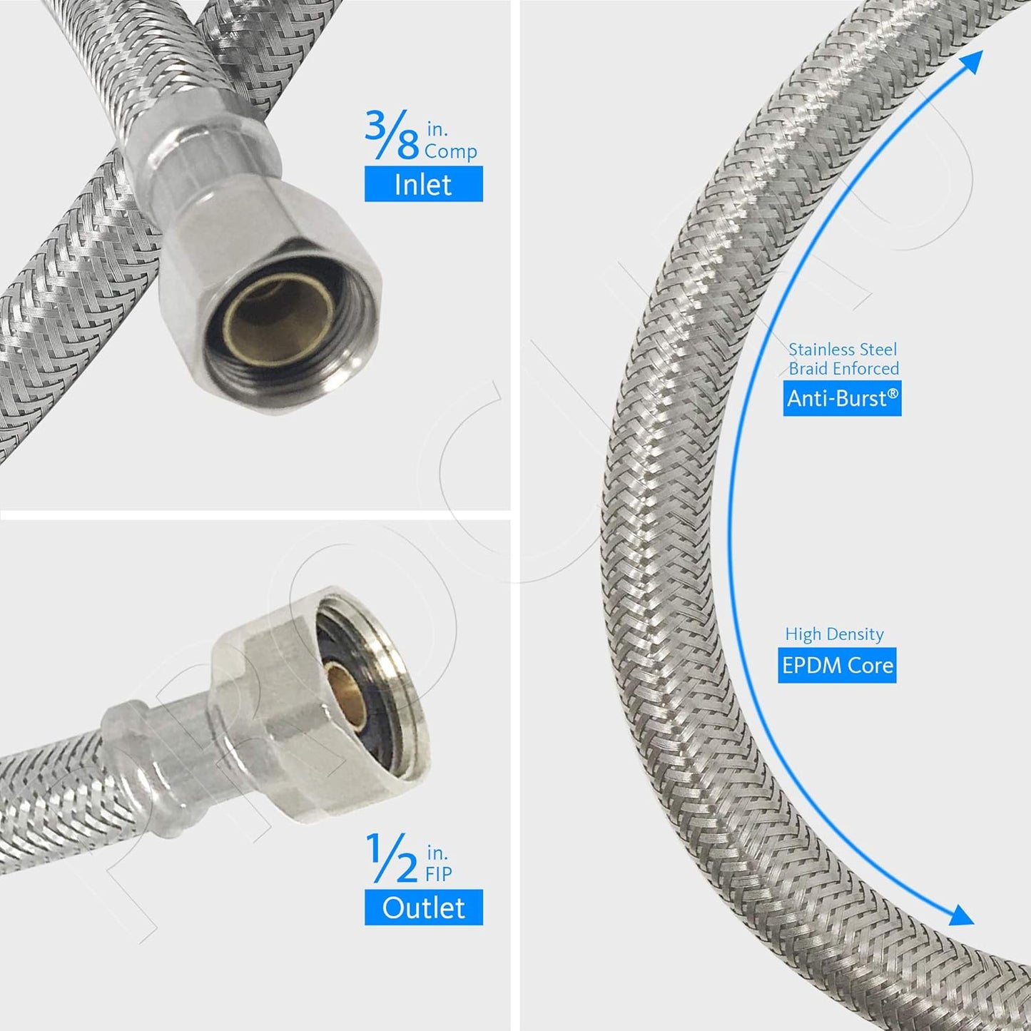 [4-Pack] PROCURU 16-Inch (1.3Ft) x 3/8" Comp x 1/2" FIP Faucet Hose Connector, Stainless Steel Braided Supply Line, Certified Safe (9SF16-4P)