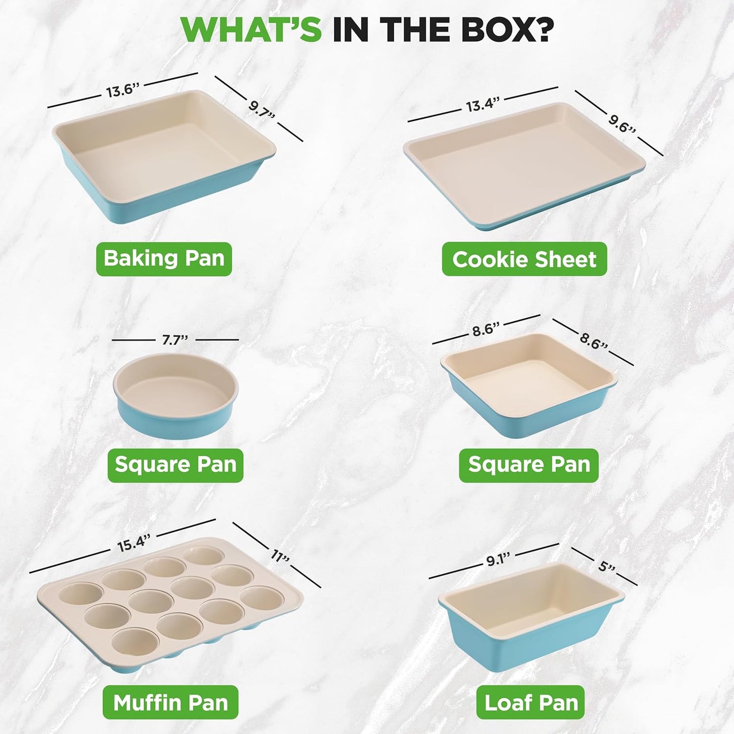 NutriChef 6-Piece Baking Pan Set, Carbon Steel Bakeware with Premium Ceramic Nonstick Coating, Includes 12-Cup Muffin Pan, Cake & Loaf Pan, Wide Bake Pan, & Cookie Sheet - Turquoise
