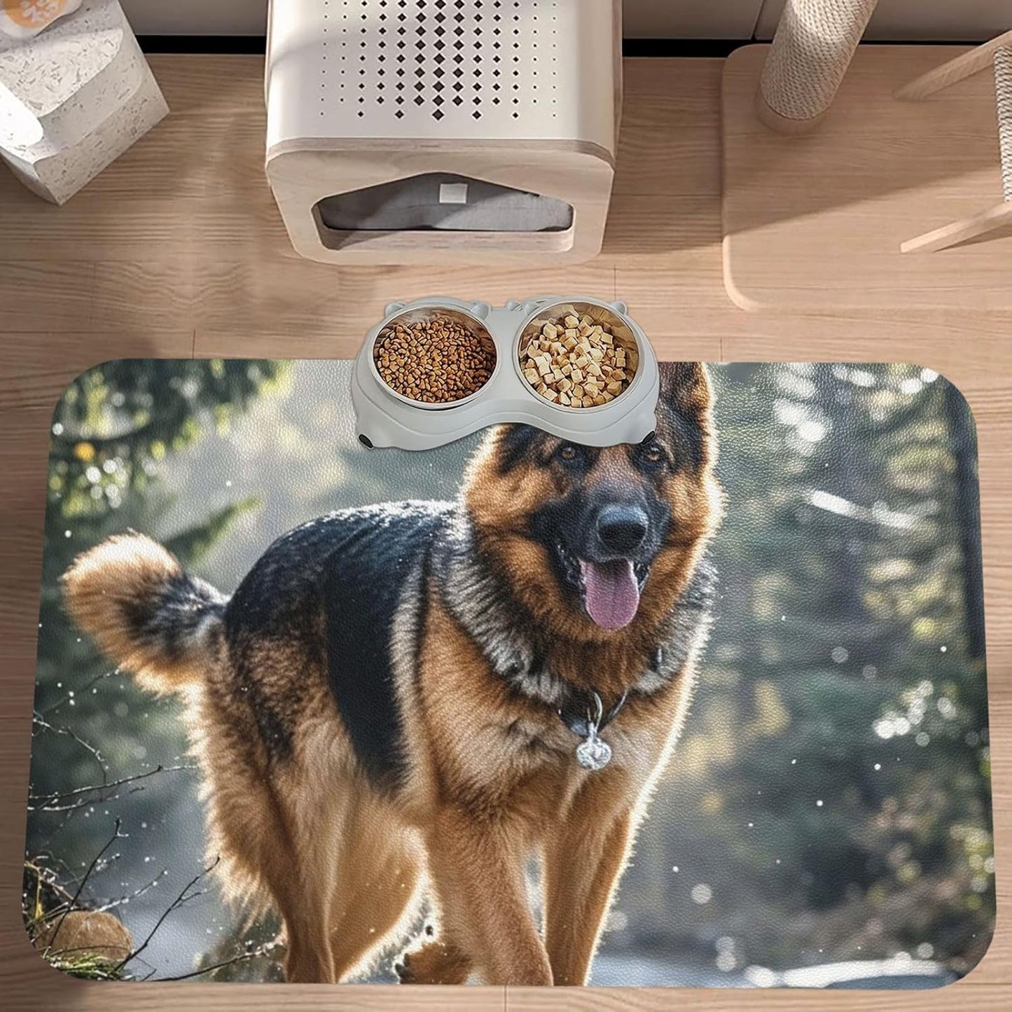 Pet Feeding Mat Leather Dog Food Mat Waterproof Pet Tablecloth German Shepherd Dog Pet Placemat for Dogs Absorbent Dog Bowl Mat Anti-Slip Dogs Mats for Food and Water