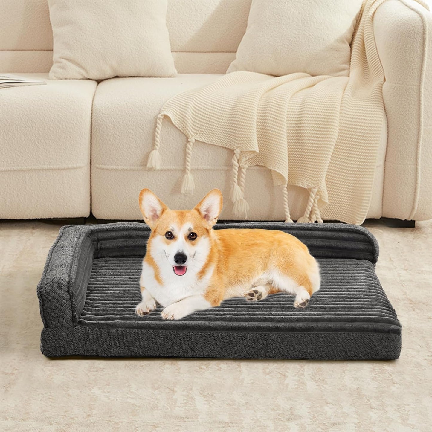 WINDRACING Orthopedic Dog Beds for Medium, Small Dogs, Waterproof Egg Foam Dog Sofa Bed with L Bolster Sides, Washable Medium Pet Bed with Removable Cover & Non-Slip Bottom, 31 x 25 inch, Gray