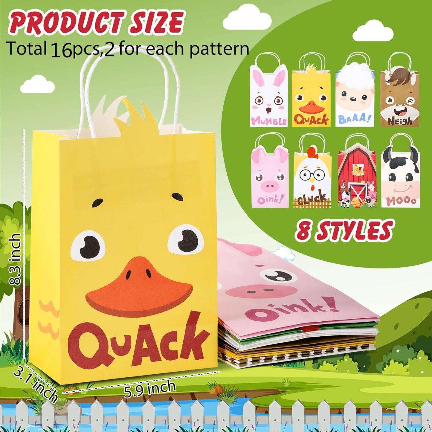Tallew 16 Pack Farm Animal Party Favor Bags with Handles Farm Barnyard Treat Goodie Bags Kraft Paper Candy Gift Party Supplies for Kids Birthday Baby Shower Supplies Decorations