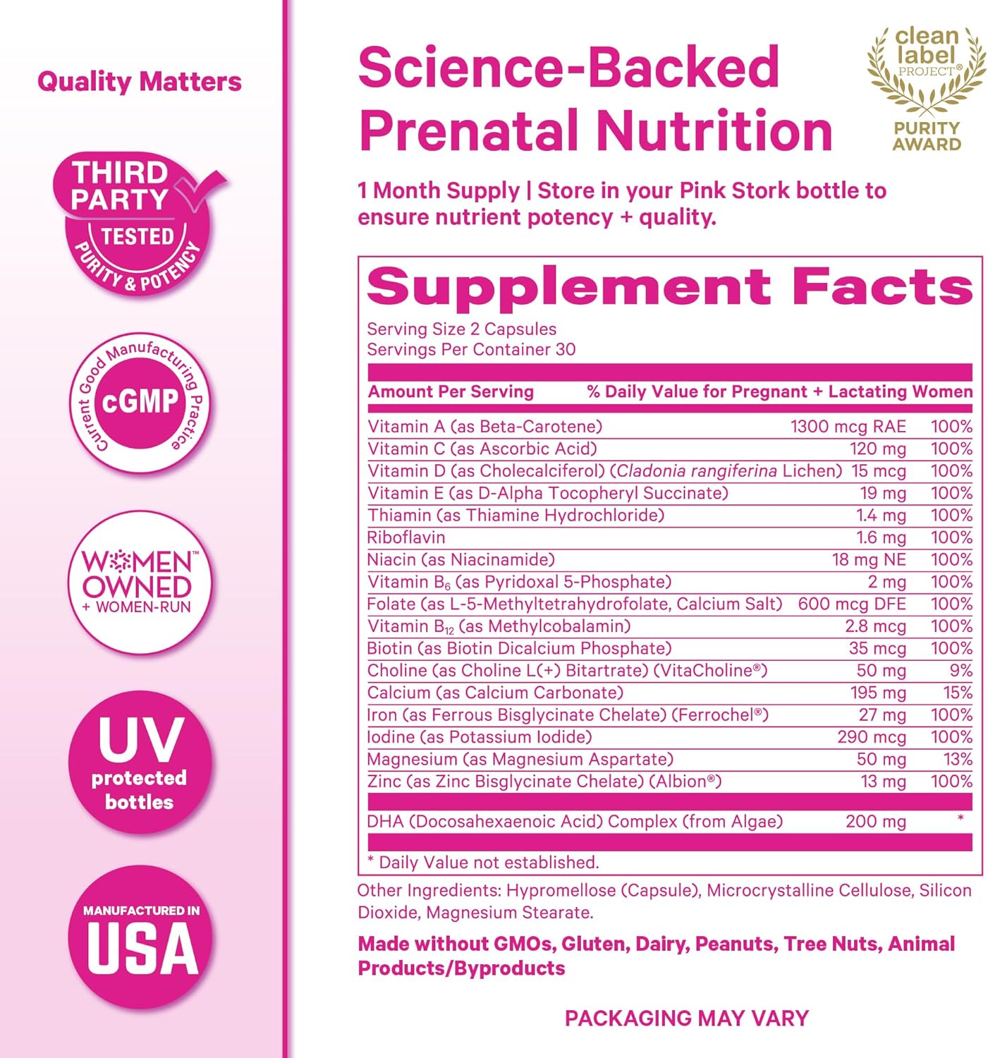Pink Stork Total Prenatal Vitamins with DHA, Folate, Iron, Choline, and Vitamin B12 - Prenatals for Women to Support Fetal Development, Pregnancy Essentials, Berry Essence, 60 Capsules, 1 Month Supply