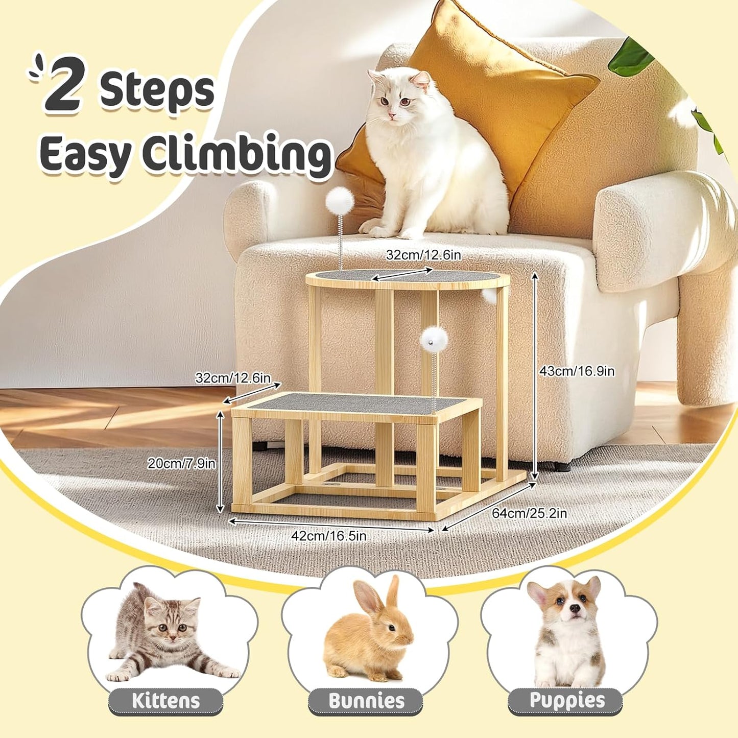 Pawaboo 16.9in Cat Tree Tower, 2-Level Cat Scratch Post with Scratching Mats, Cats Teasers & Hanging Ball, Cats Tree for Indoor Kittens, Natural Wooden Scratcher Beds & Furniture for Kitties