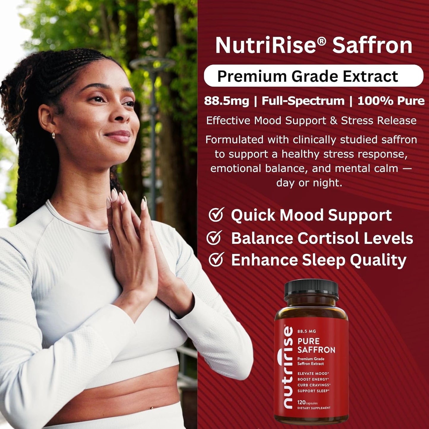 NutriRise Saffron Supplements 120 Capsules, 88.5mg Pure Extract - 4 Month Supply for Mood, Energy, Sleep, Stress & Cortisol Support - Non-GMO, Vegan & Gluten-Free for Women & Men